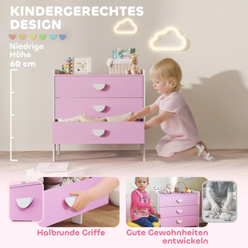 Children's Chest of Drawers, 3-Drawer Storage Cabinet, Pink+White MDF - Image 5