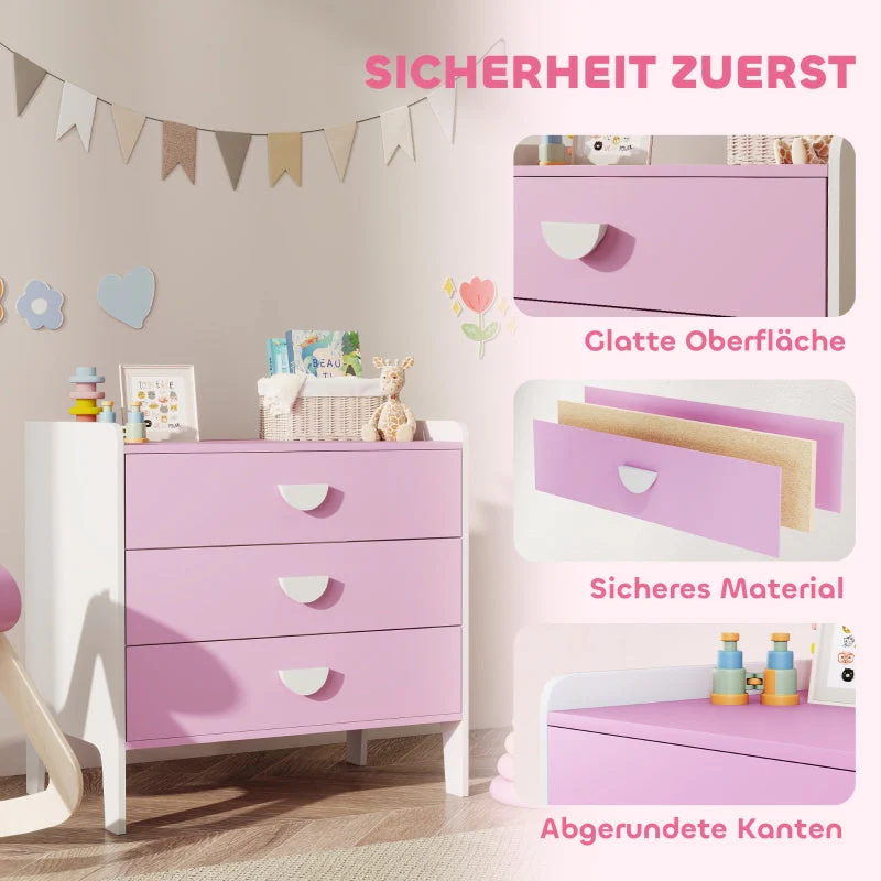 Children's Chest of Drawers, 3-Drawer Storage Cabinet, Pink+White MDF - Image 6