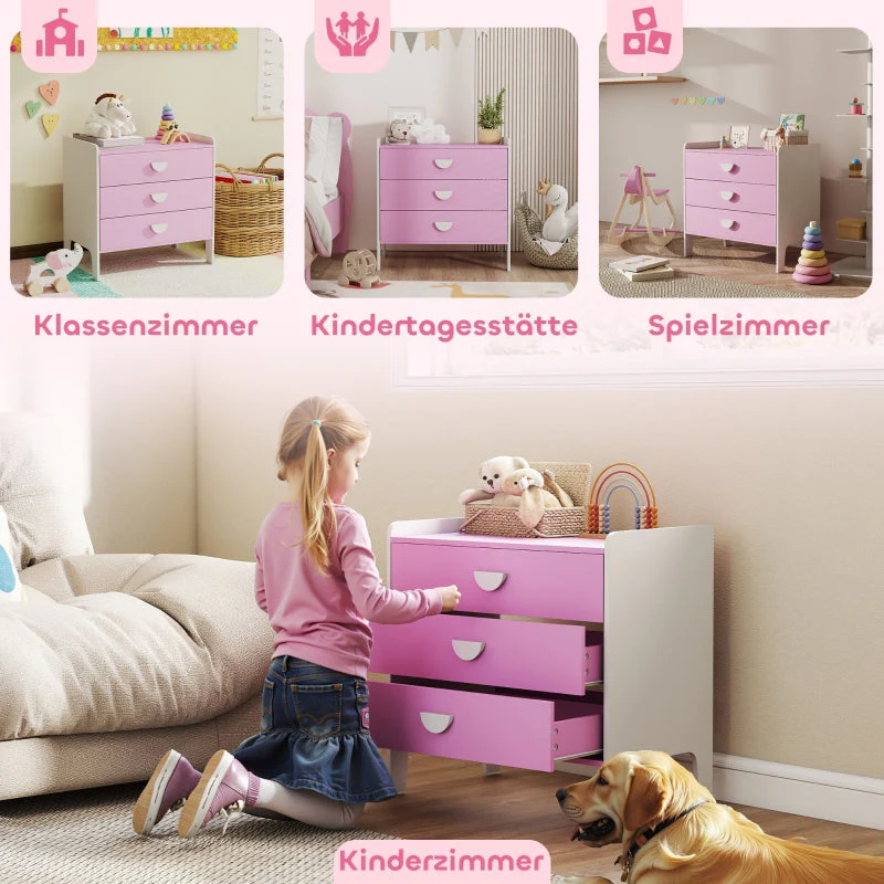 Children's Chest of Drawers, 3-Drawer Storage Cabinet, Pink+White MDF - Image 7