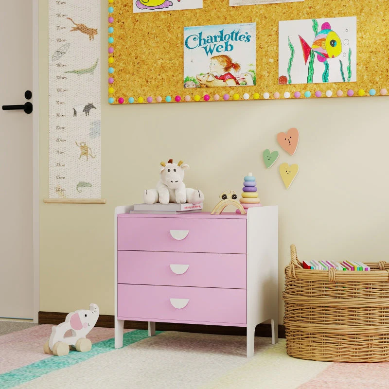 Children's Chest of Drawers, 3-Drawer Storage Cabinet, Pink+White MDF - Image 8