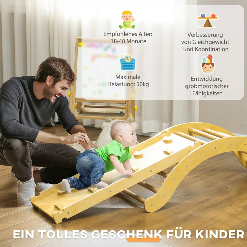 Children's Climbing Set, 4-in-1 Design with Arched Bridge, Rocking Swing, Cushion and Slide, Wood - Image 8