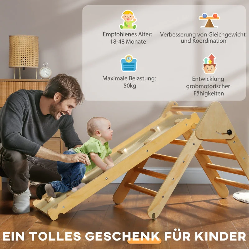 Children's Climbing Set with Triangular Ladder and Double-Sided Ramp, Wood - Image 8