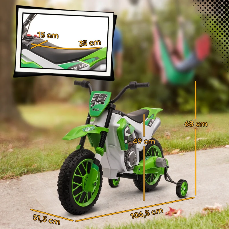 Children's Electric Motorcycle with Training Wheels and 45 Min Driving Time, Green and White - Image 3