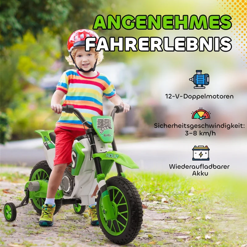 Children's Electric Motorcycle with Training Wheels and 45 Min Driving Time, Green and White - Image 4
