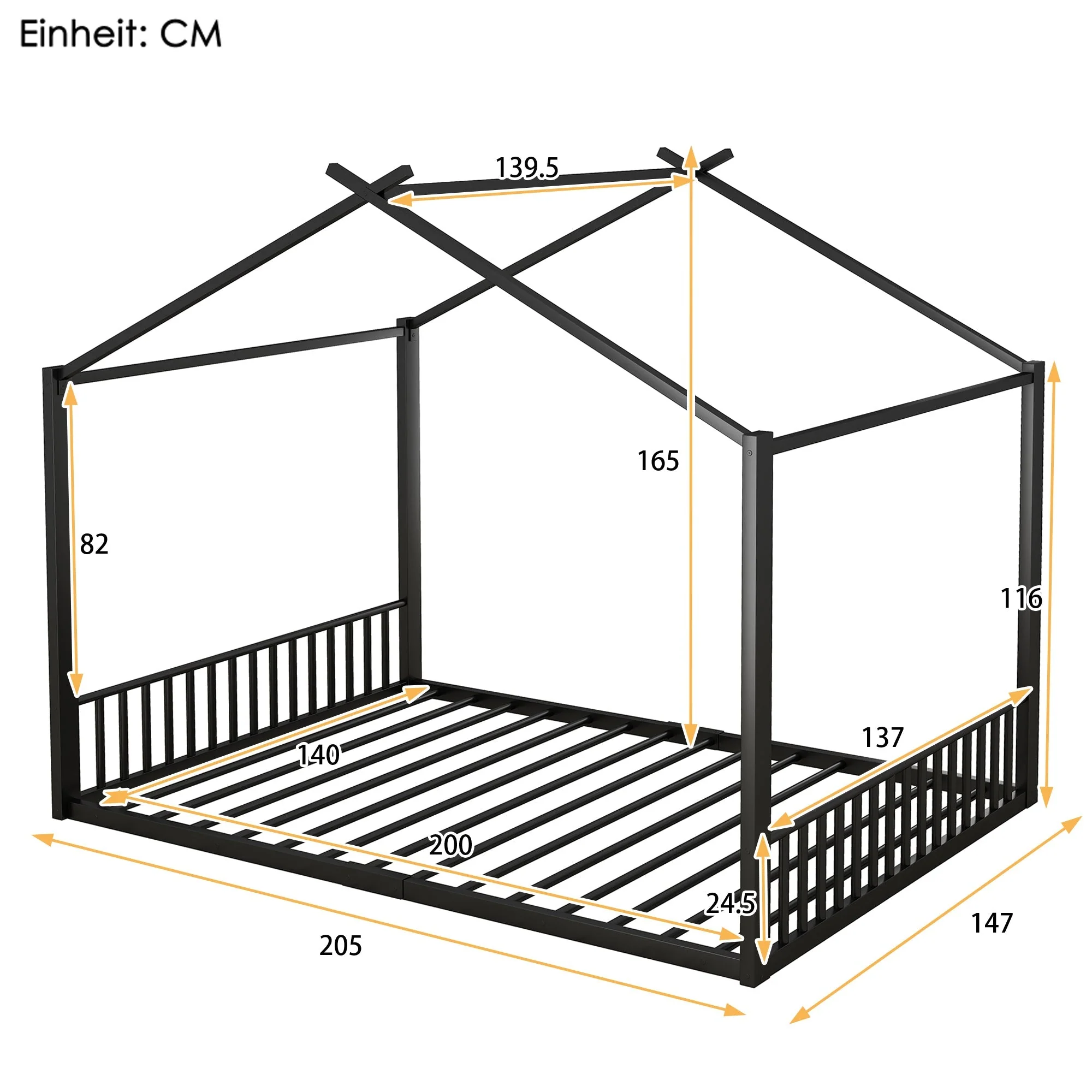 Children's Flat Bed 140x200cm House Rail Iron Frame Black - Image 6