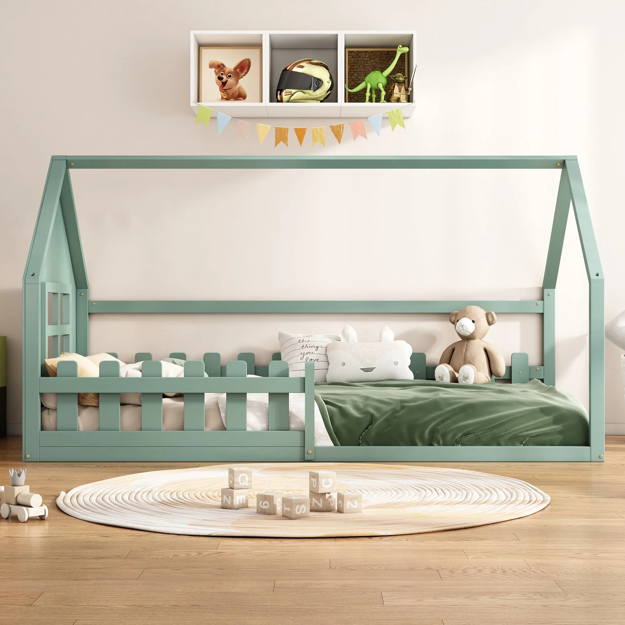 Children's Flat Bed 90x200cm House Rail - Green - Image 3