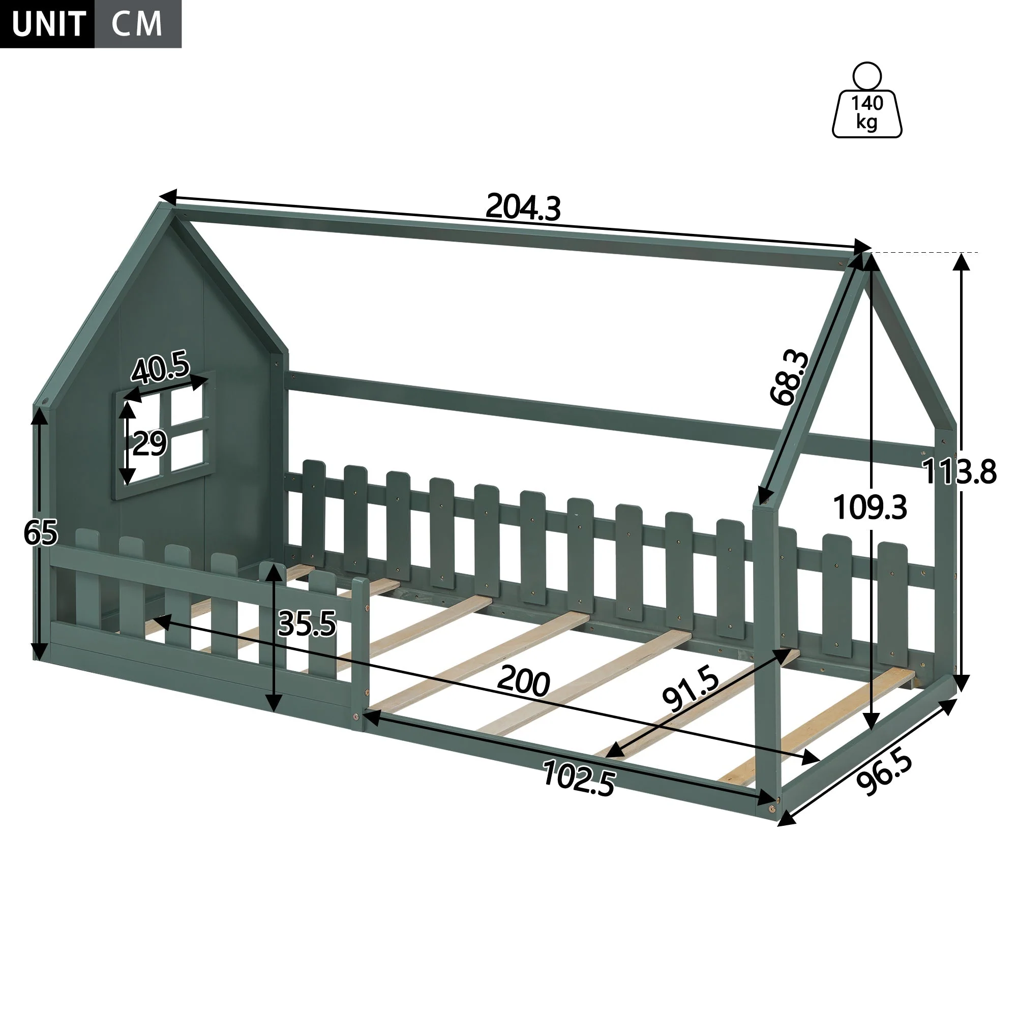 Children's Flat Bed 90x200cm House Rail - Green - Image 6