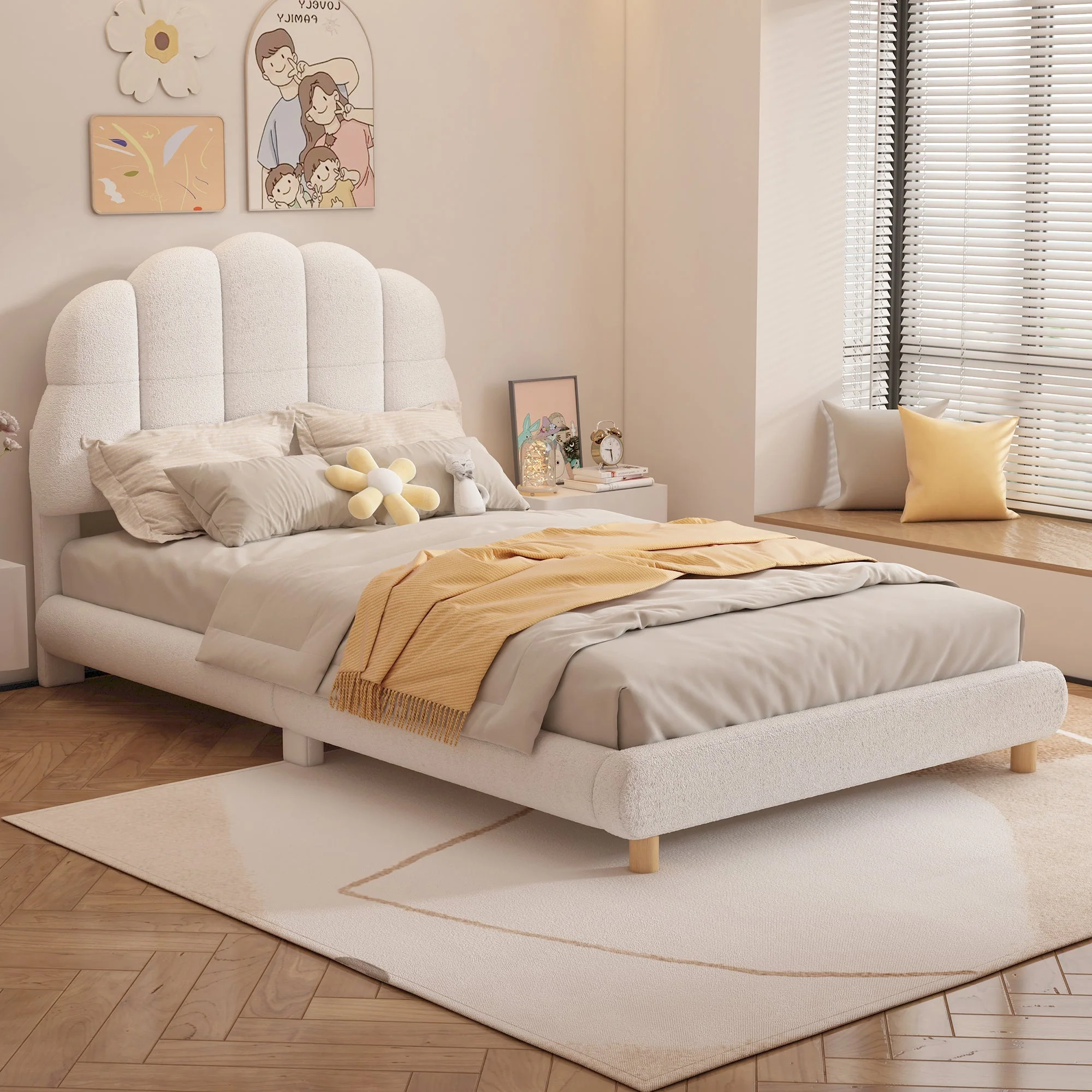Children's Flat Bed 90x200cm Plush Cute Headboard - White - Image 4