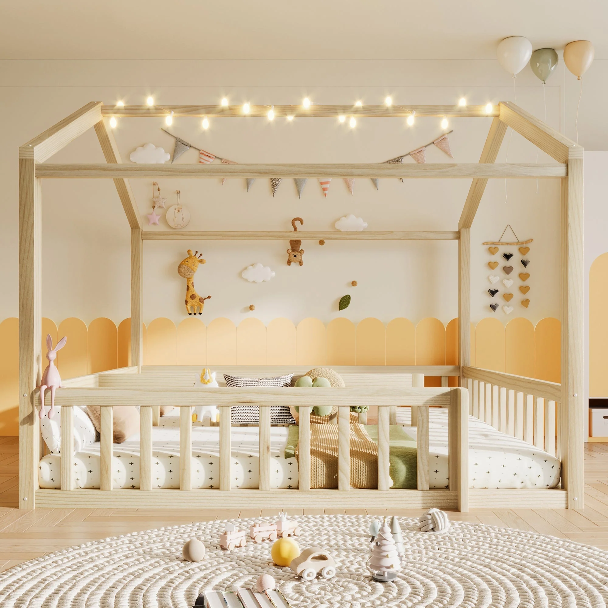 Children's Flatbed Expandable 90/180x190cm House Railing LED Pine Wood Natural - Image 5