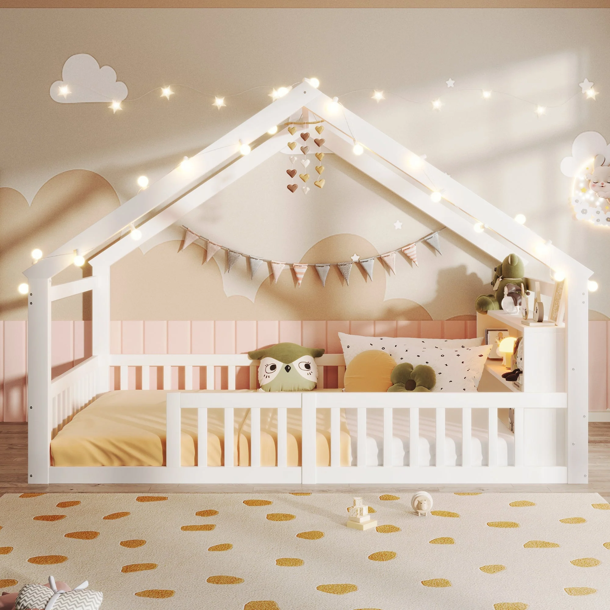 Children's Flatbed with House Rail and LED Beads, 140 x 190 cm, Pine Wood, White - Image 3