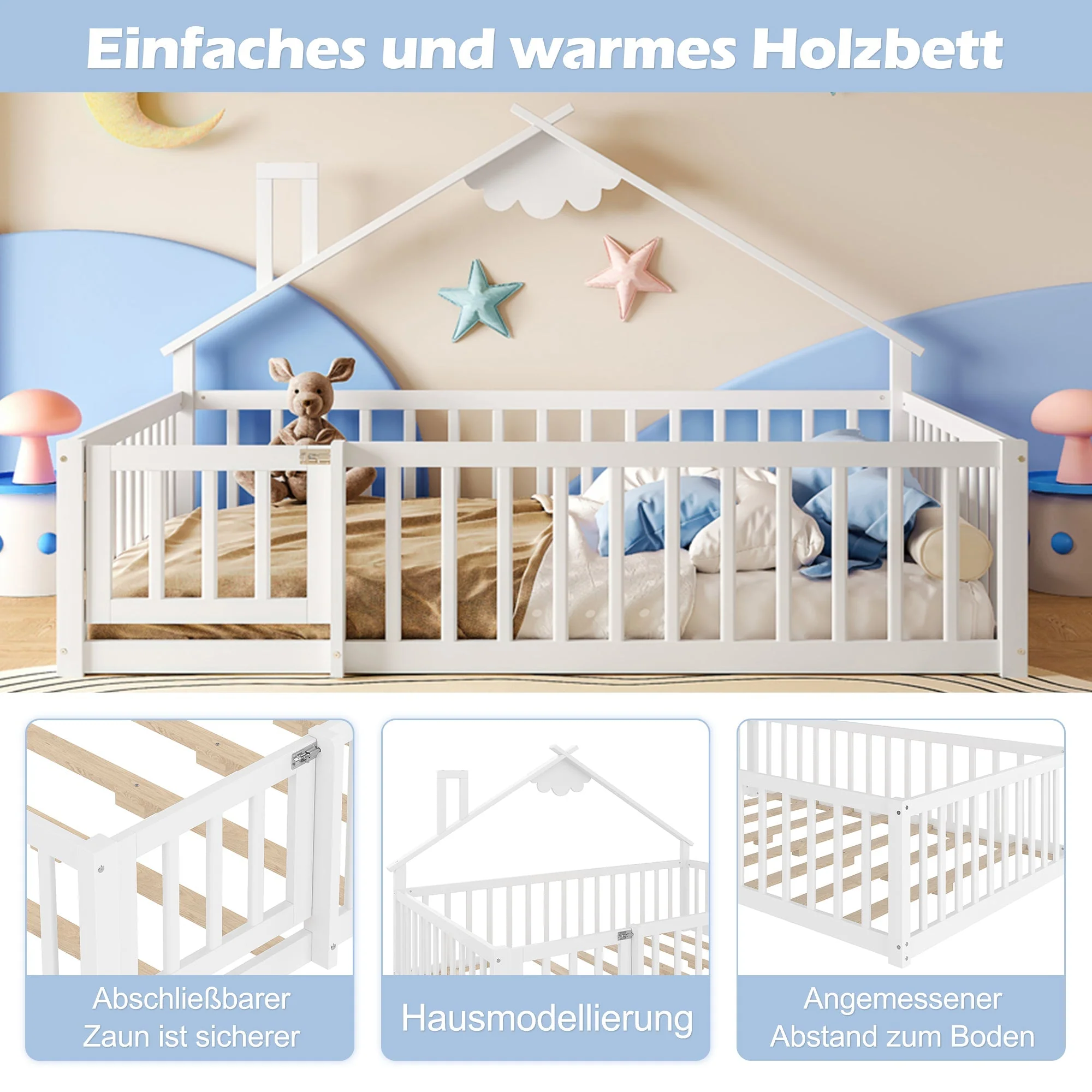 Children's Flatbed with House Rail and Locking Railing, 140x190 cm, White Pine Wood - Image 10