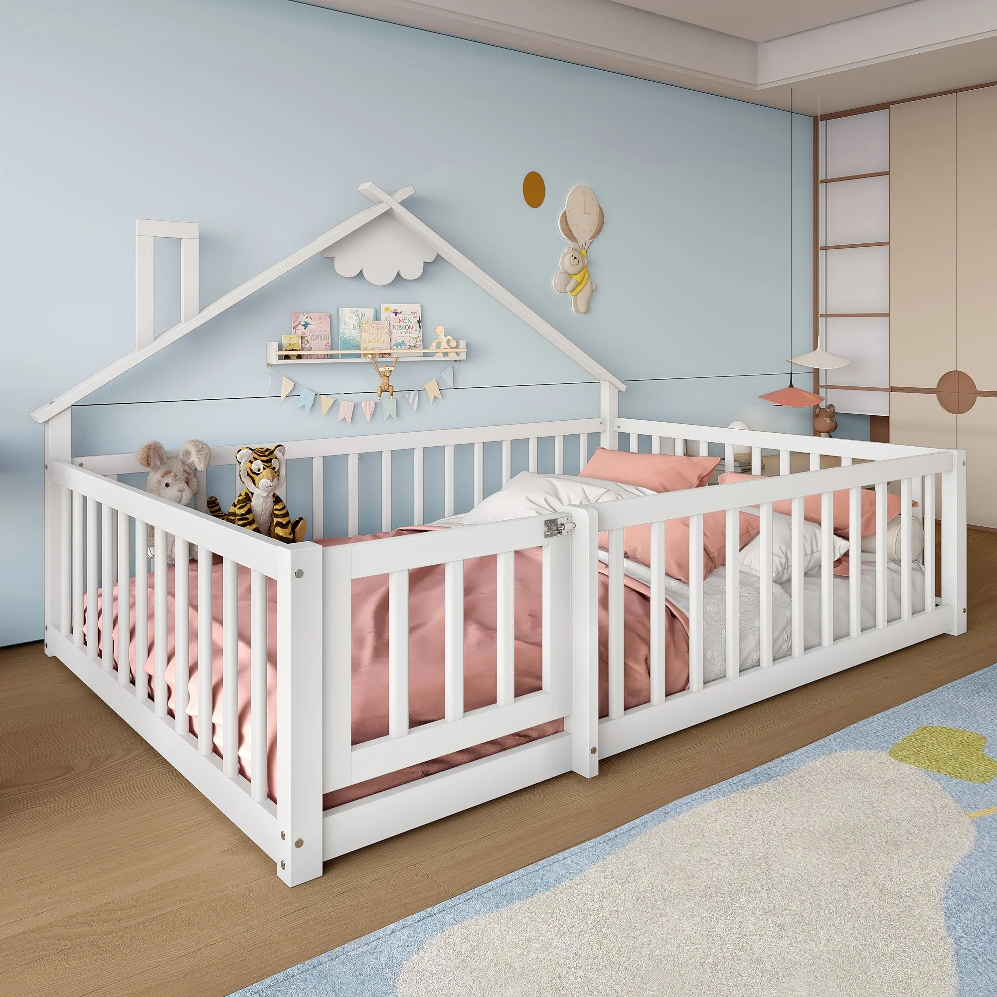Children's Flatbed with House Rail and Locking Railing, 140x190 cm, White Pine Wood - Image 2