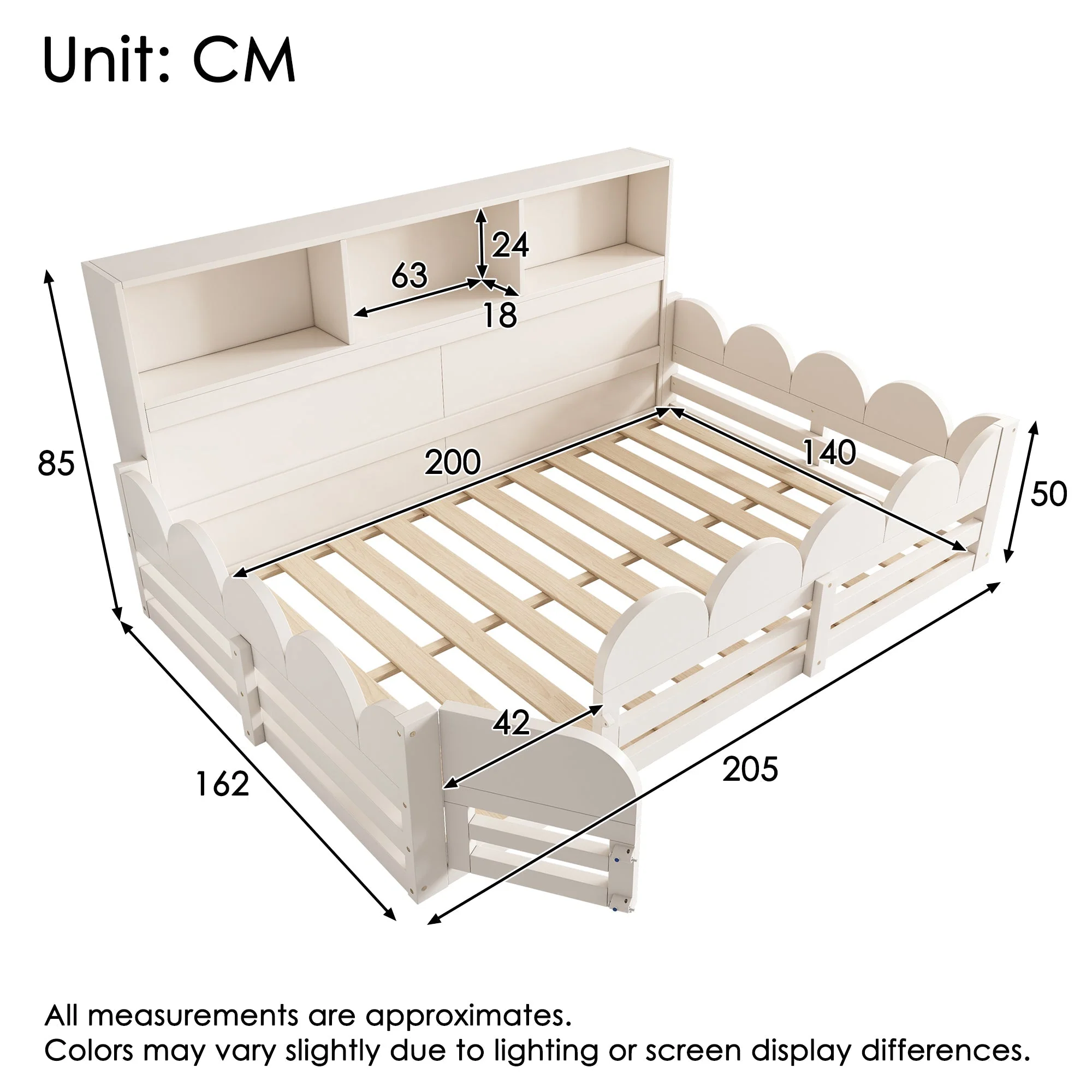 Children's Floor Bed with Fall Protection, Door, Slatted Base and Shelf, 140x200cm, White Wood - Image 3