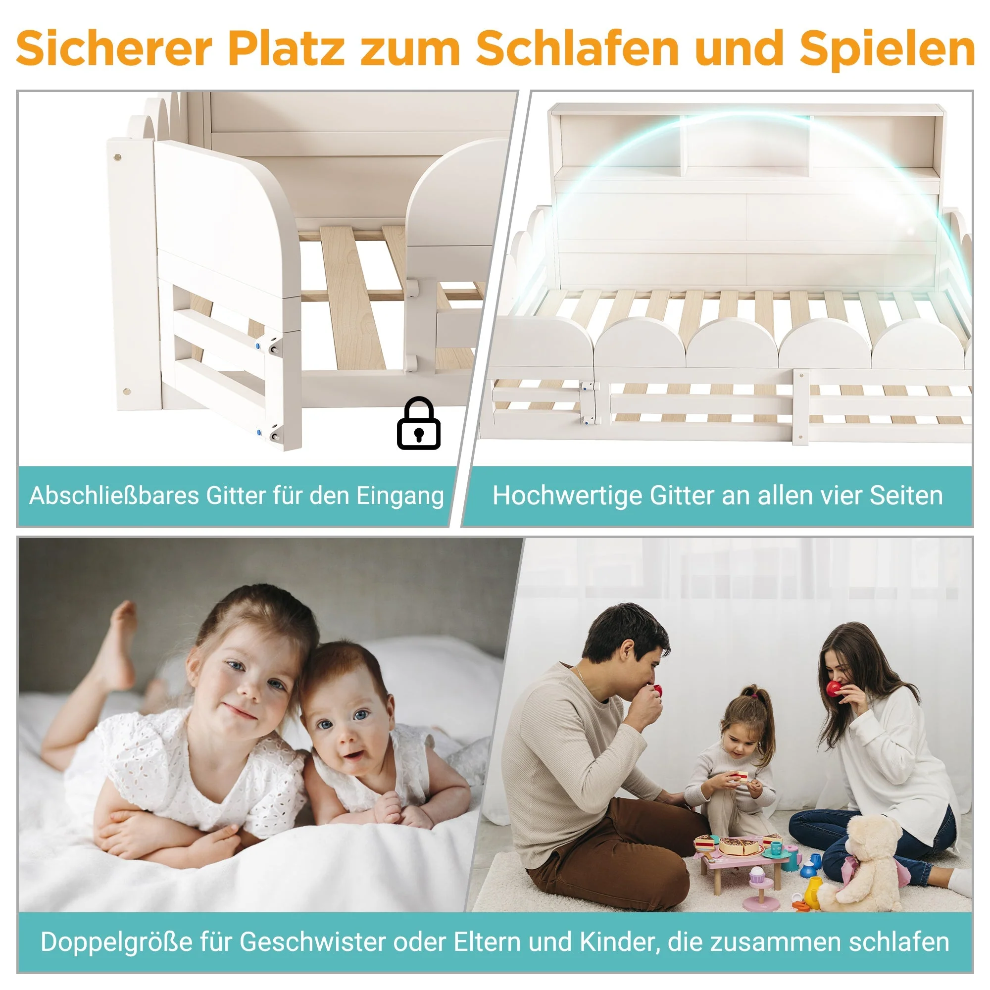Children's Floor Bed with Fall Protection, Door, Slatted Base and Shelf, 140x200cm, White Wood - Image 5