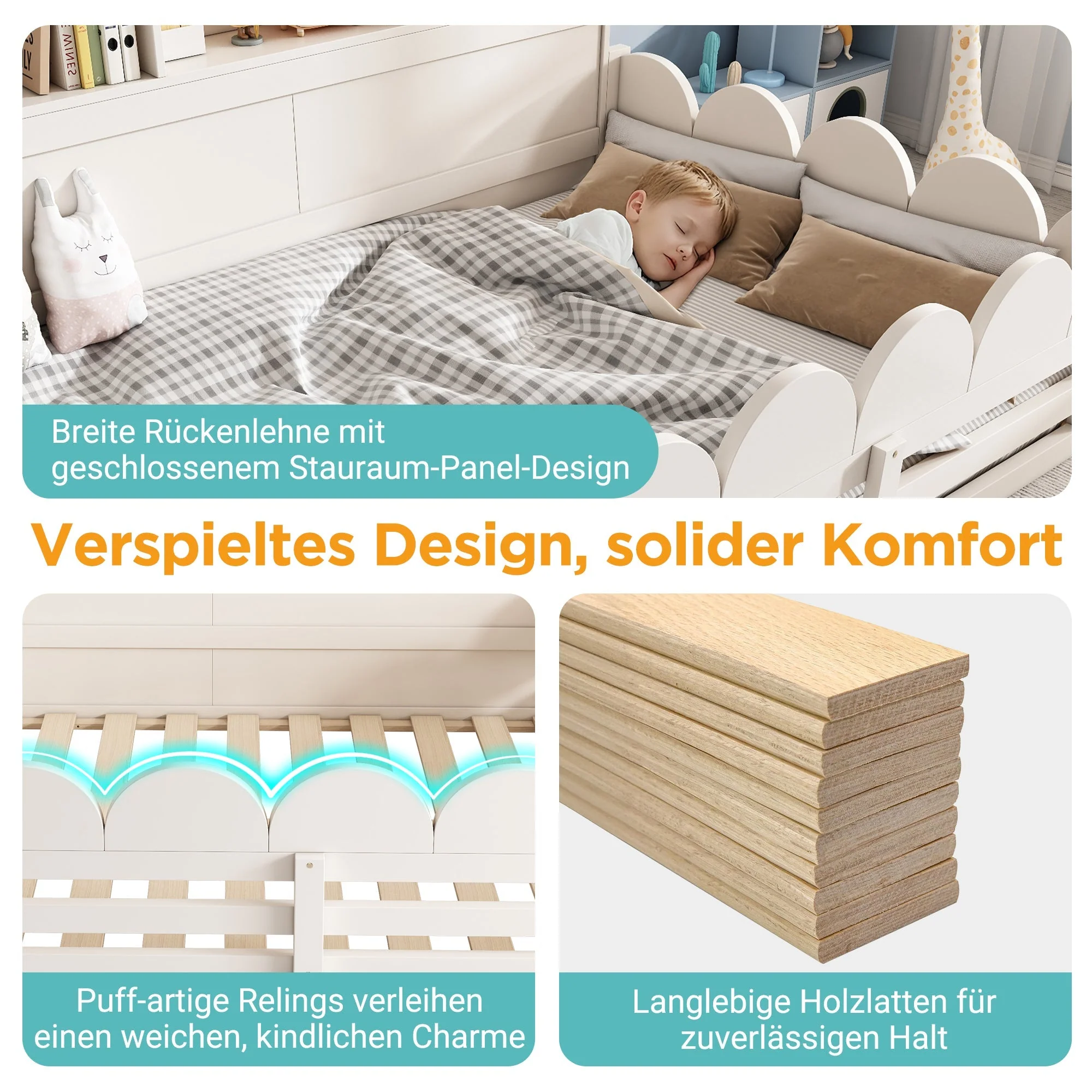 Children's Floor Bed with Fall Protection, Door, Slatted Base and Shelf, 140x200cm, White Wood - Image 6