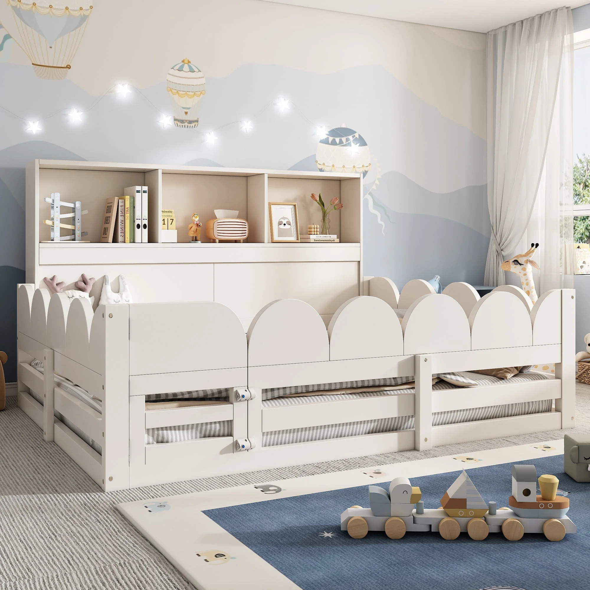 Children's Floor Bed with Fall Protection, Door, Slatted Base and Shelf, 140x200cm, White Wood - Image 8