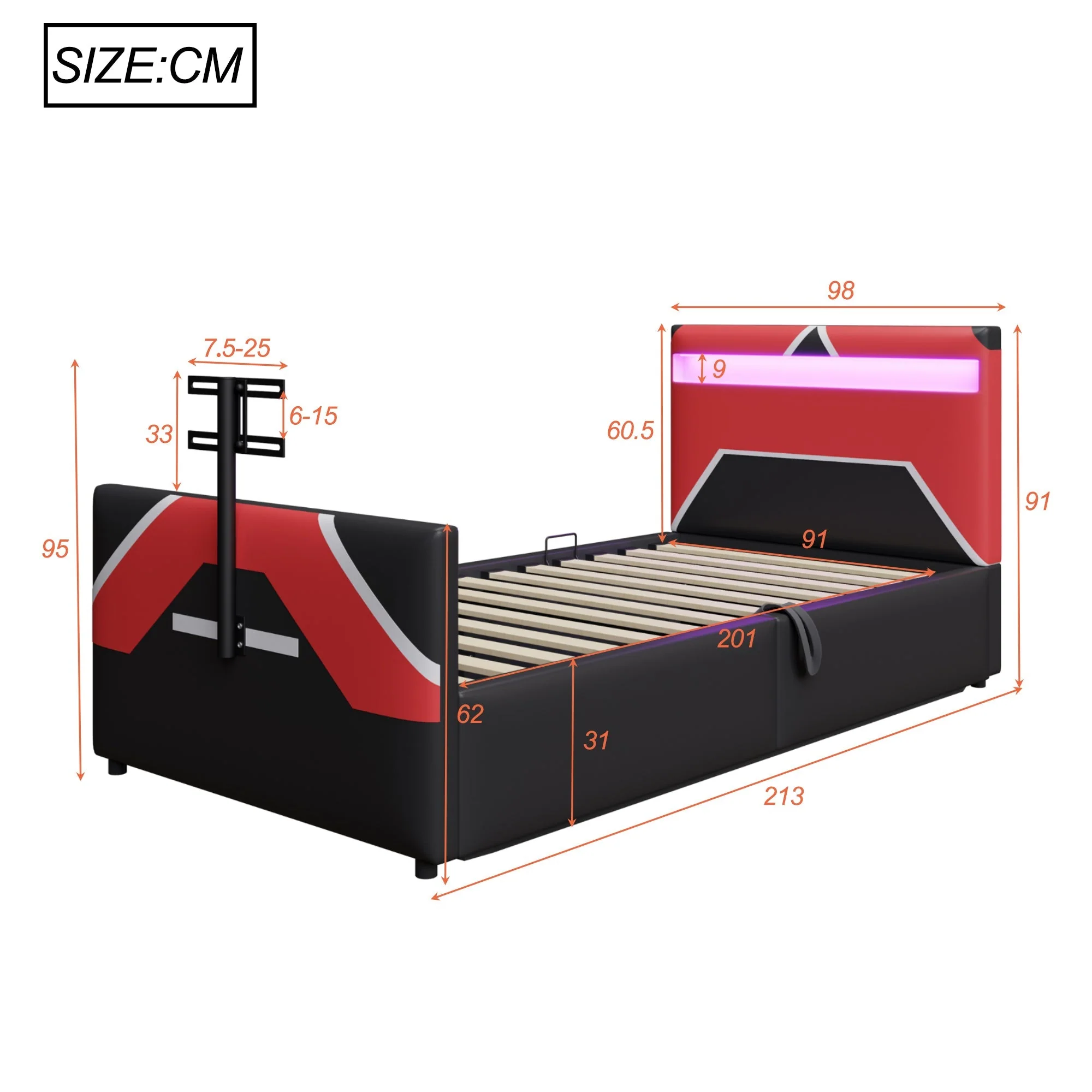 Children's Gaming Bed 90x200 with LED, Hydraulic Storage and TV Mount, PU Leather - Image 8