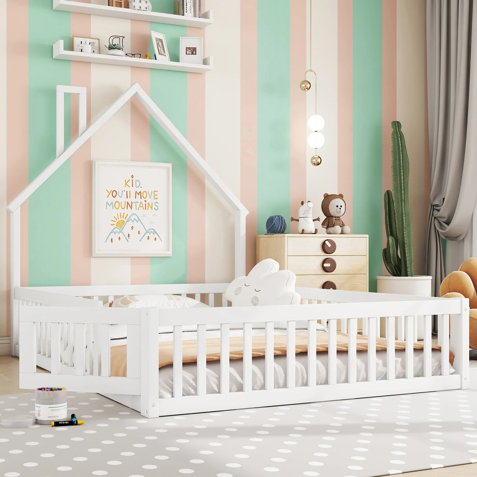 Children's House Bed 140x200cm Chimney Shape Slatted Base Pine Wood White - Image 3
