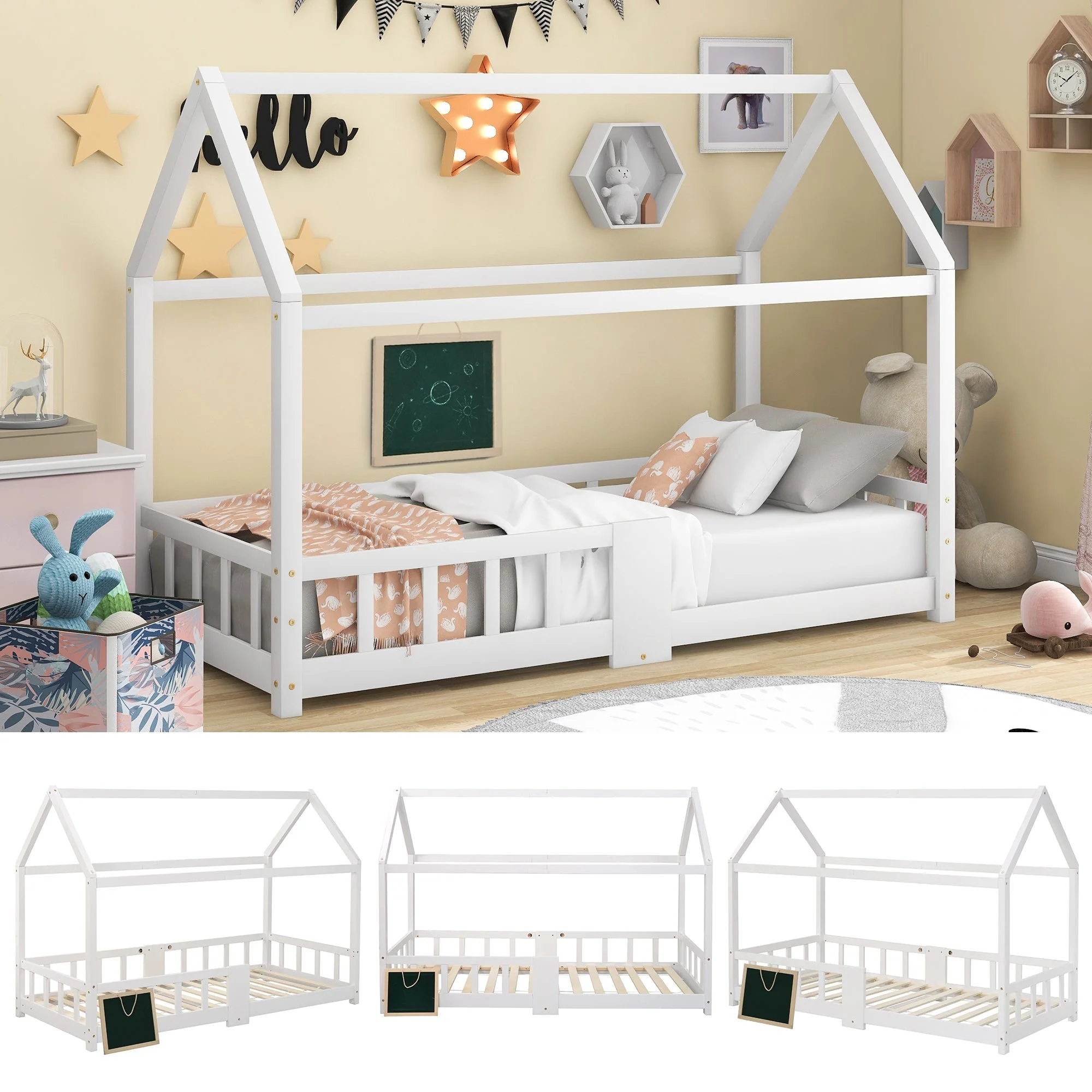 Children's House Bed 90 x 200 cm, with Blackboard & Slatted Frame, White Pinewood - Image 7