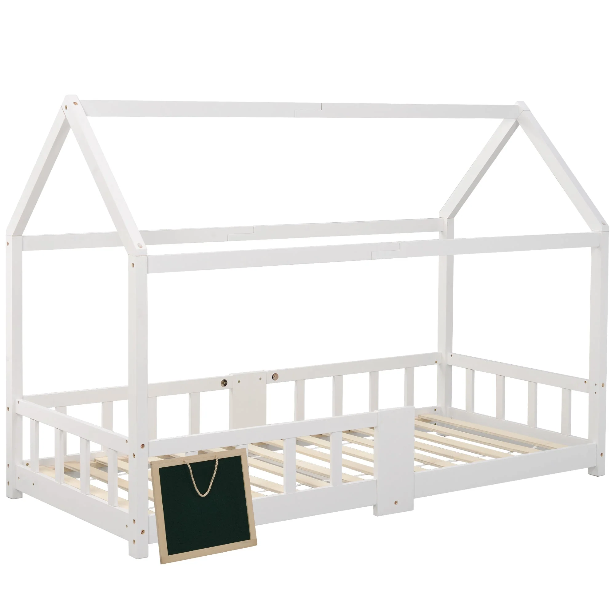 Children's House Bed 90 x 200 cm, with Blackboard & Slatted Frame, White Pinewood - Image 8