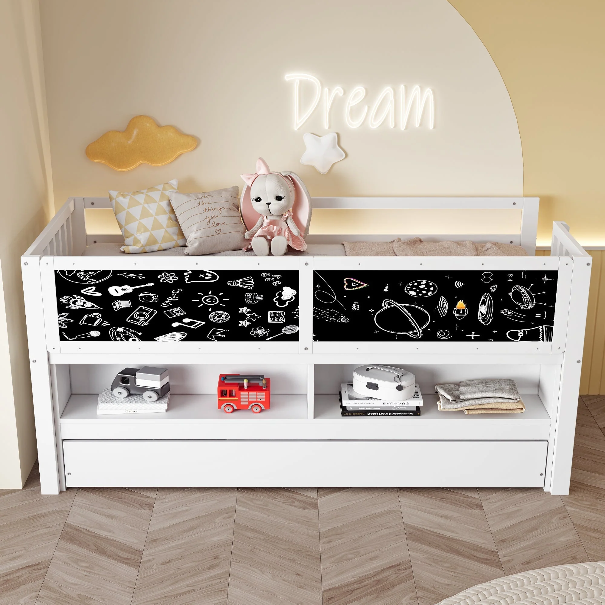 Children's House Bed 90x200 Extendable Chalkboard Storage Climbing Ladder - Solid Wood White - Image 3
