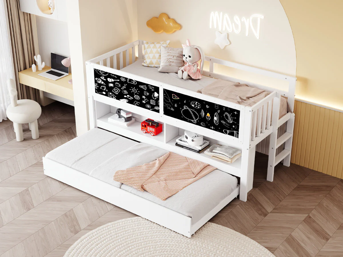 Children's House Bed 90x200 Extendable Chalkboard Storage Climbing Ladder - Solid Wood White - Image 7