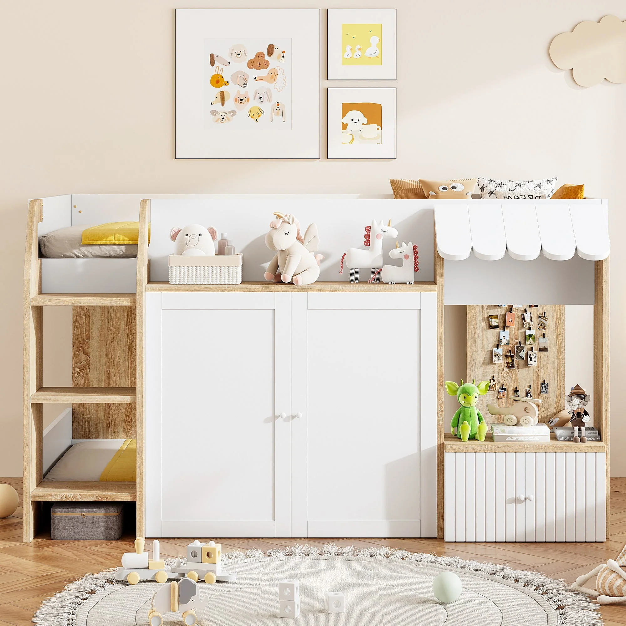 Children's House Bed 90x200 Mid-Height Storage Climbing Ladder - Solid Wood White/Natural - Image 3