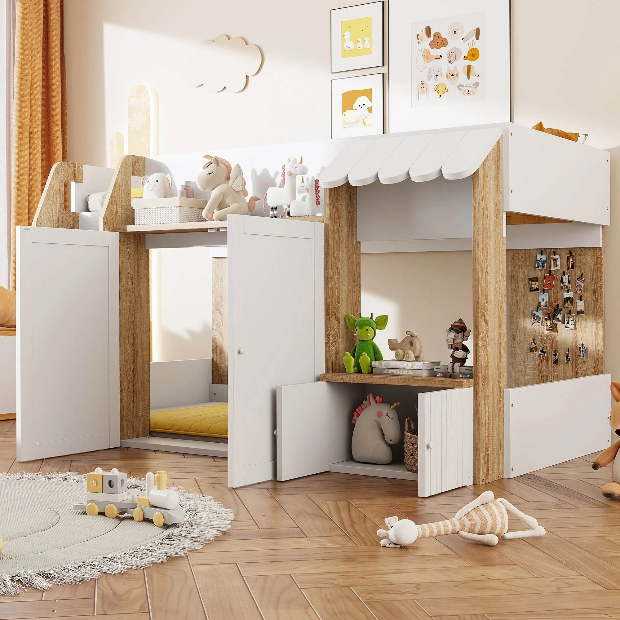 Children's House Bed 90x200 Mid-Height Storage Climbing Ladder - Solid Wood White/Natural - Image 4