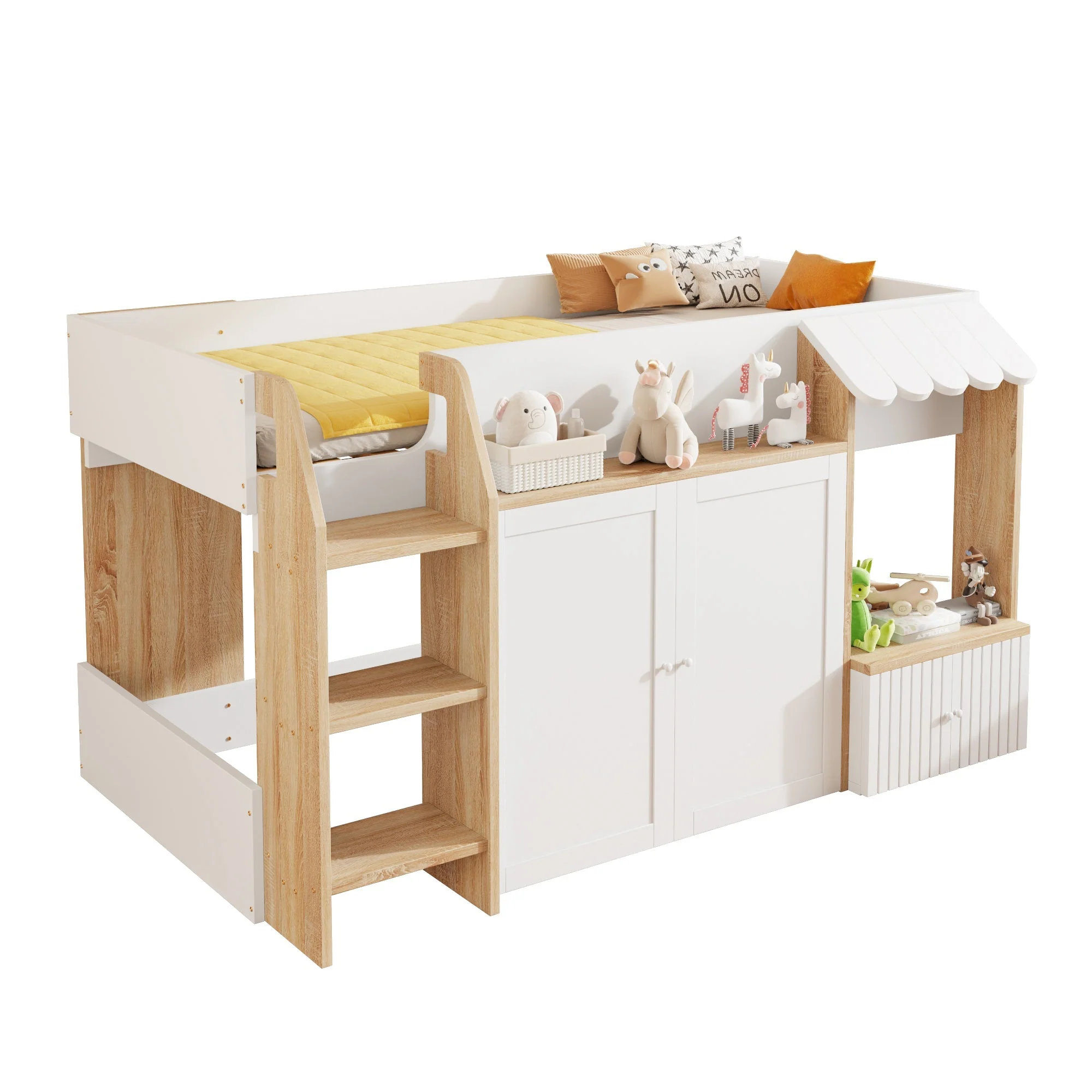 Children's House Bed 90x200 Mid-Height Storage Climbing Ladder - Solid Wood White/Natural - Image 6