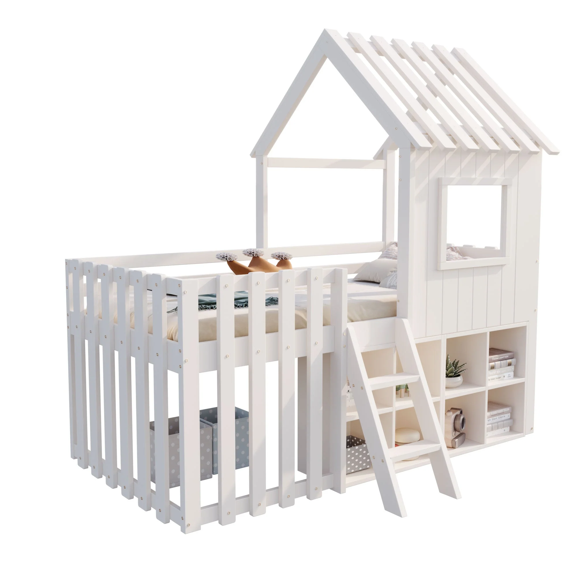 Children's House Bed 90x200, Roof & Window, Ladder, Solid Wood White - Image 10
