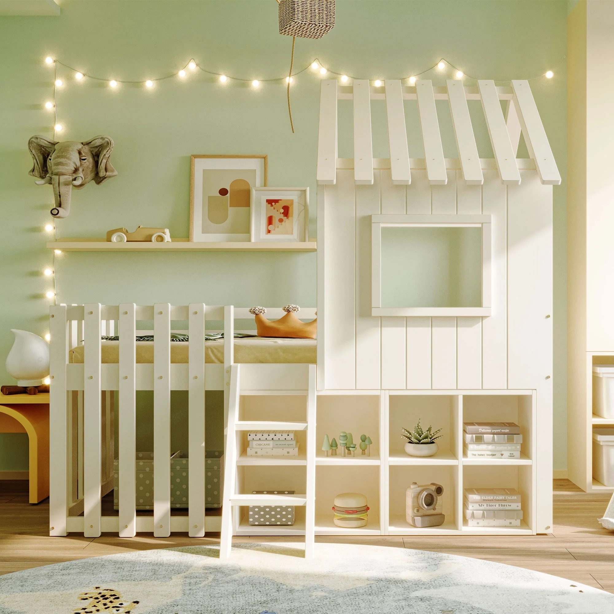Children's House Bed 90x200, Roof & Window, Ladder, Solid Wood White - Image 2