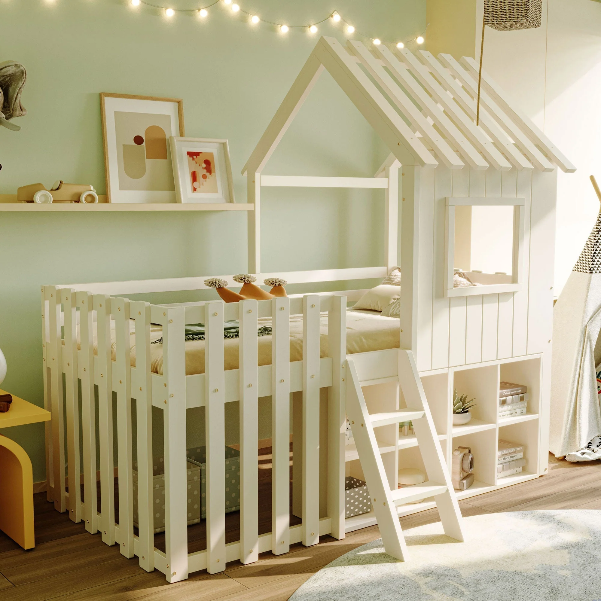 Children's House Bed 90x200, Roof & Window, Ladder, Solid Wood White - Image 3
