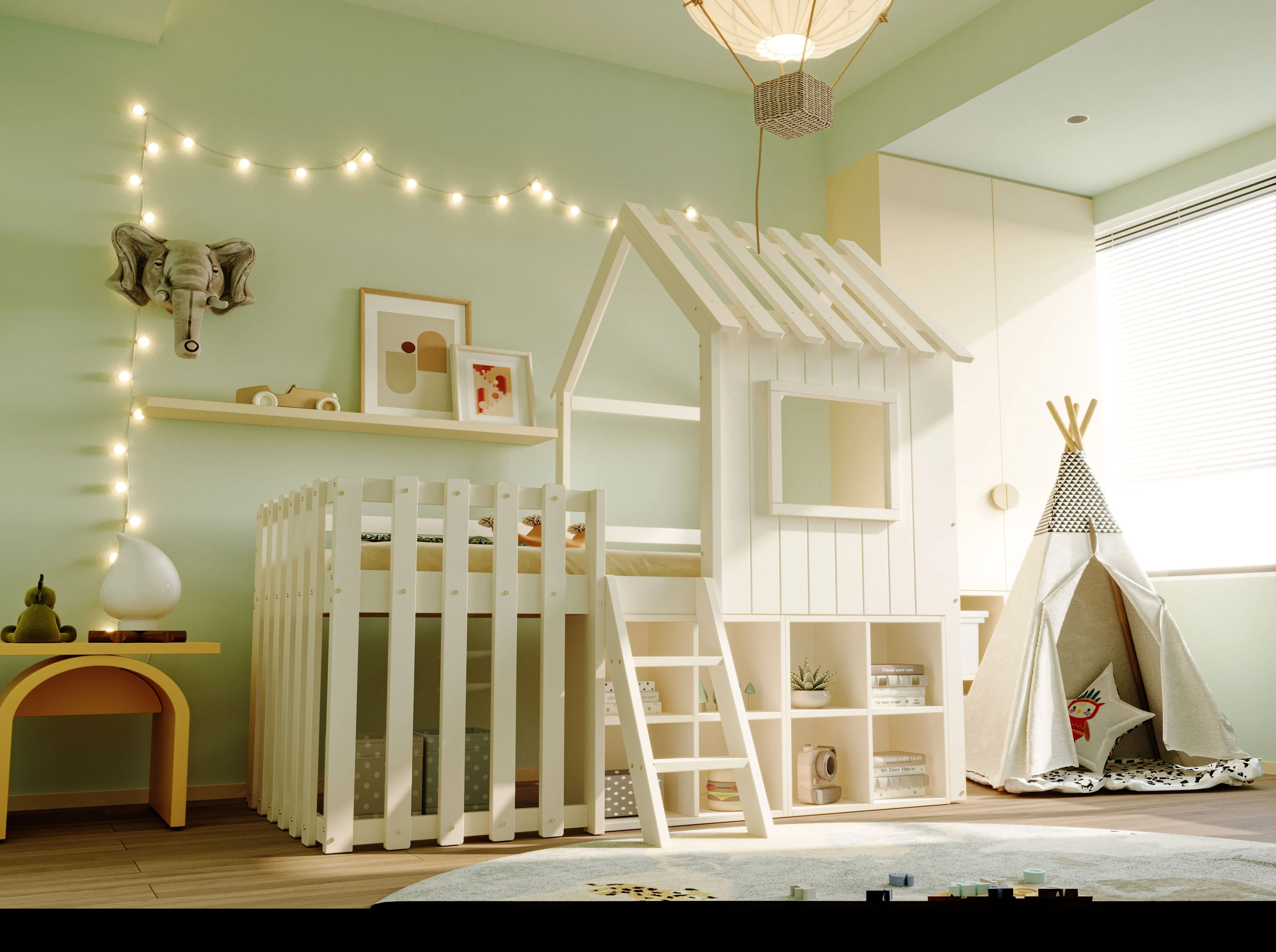 Children's House Bed 90x200, Roof & Window, Ladder, Solid Wood White - Image 4