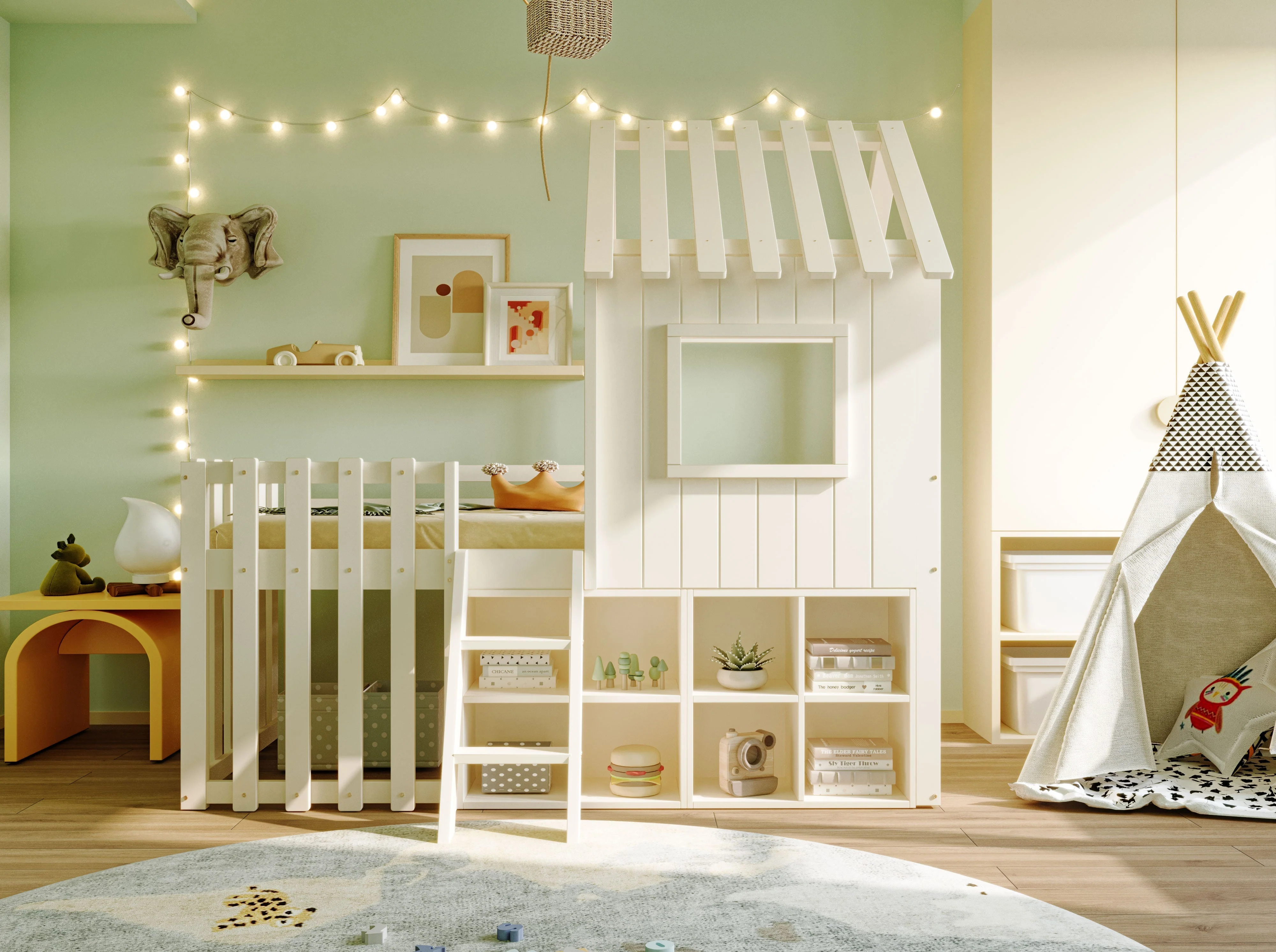 Children's House Bed 90x200, Roof & Window, Ladder, Solid Wood White - Image 5