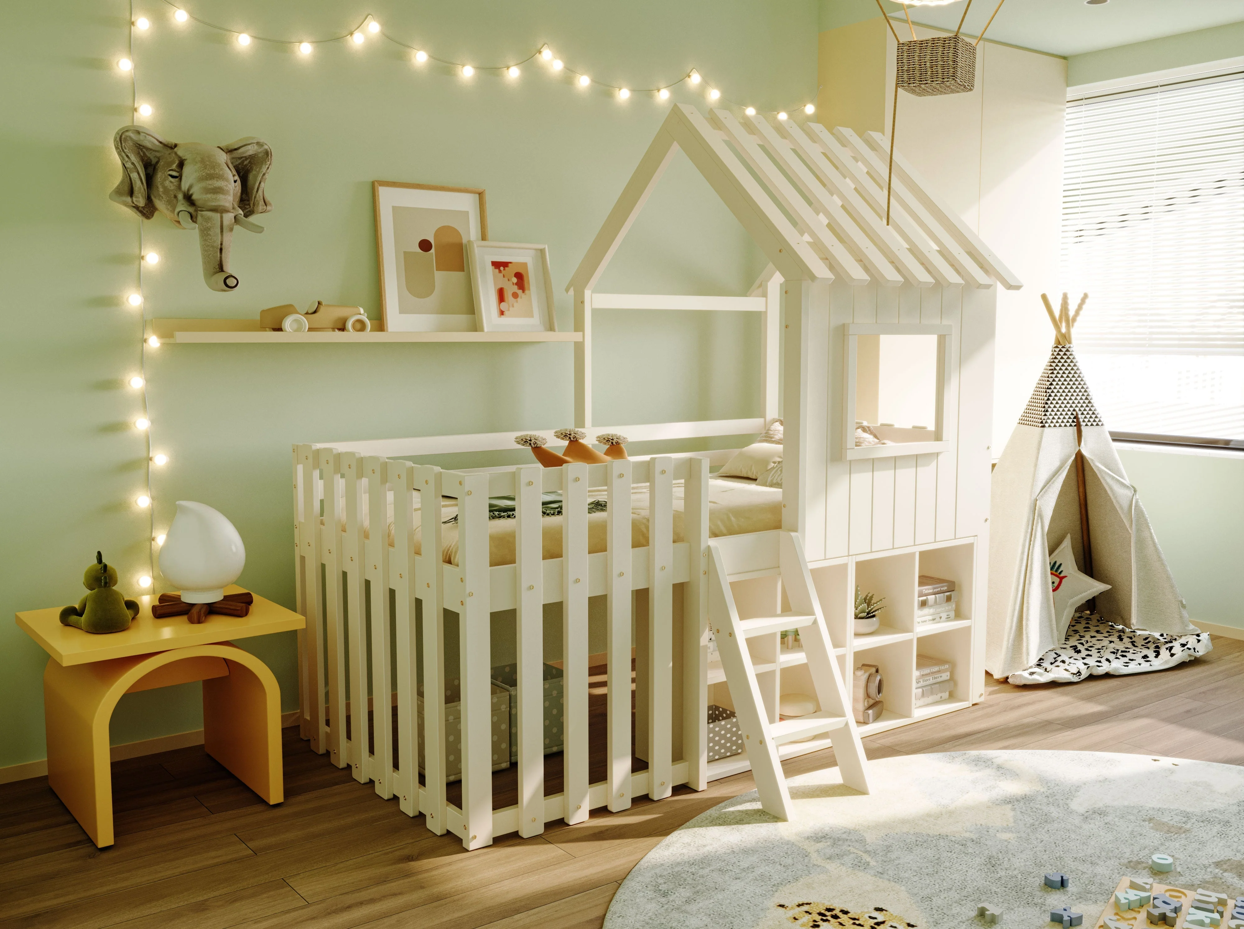 Children's House Bed 90x200, Roof & Window, Ladder, Solid Wood White - Image 6