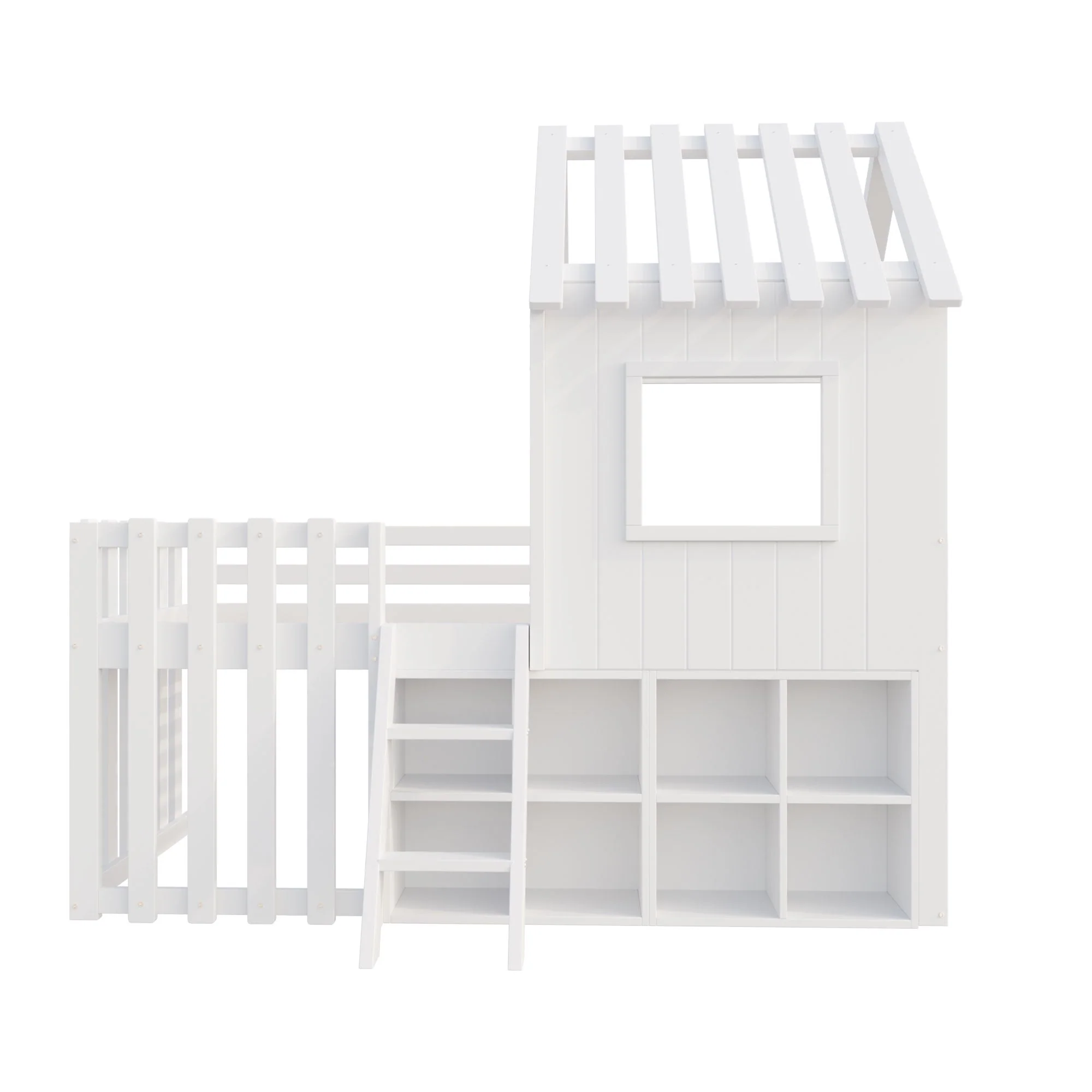 Children's House Bed 90x200, Roof & Window, Ladder, Solid Wood White - Image 7