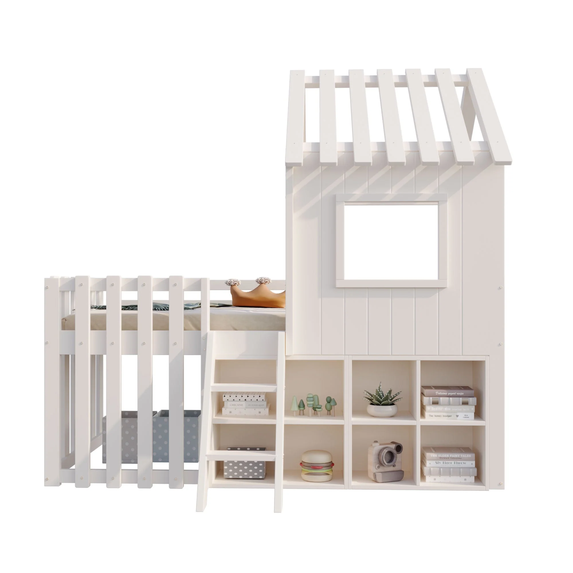 Children's House Bed 90x200, Roof & Window, Ladder, Solid Wood White - Image 8