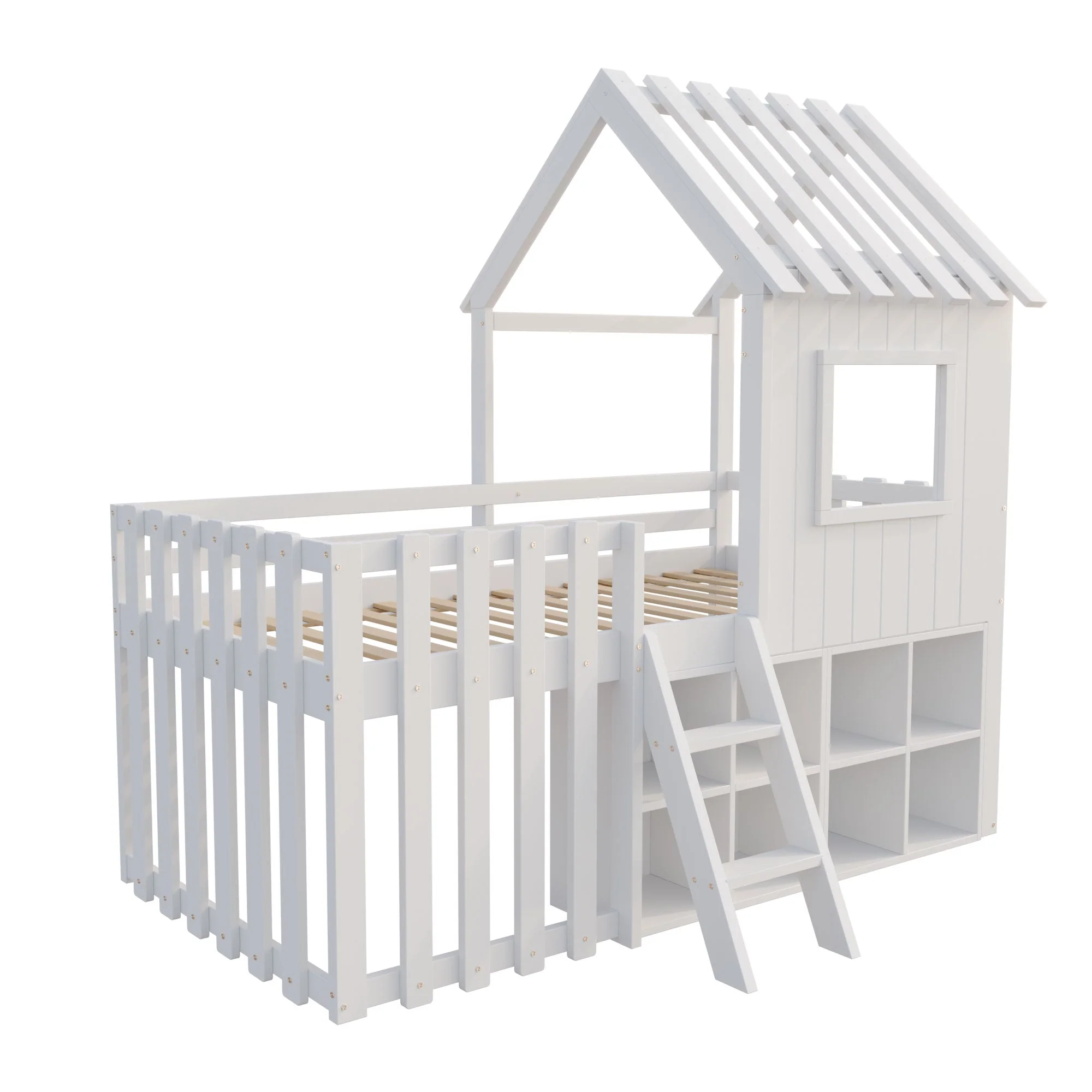 Children's House Bed 90x200, Roof & Window, Ladder, Solid Wood White - Image 9