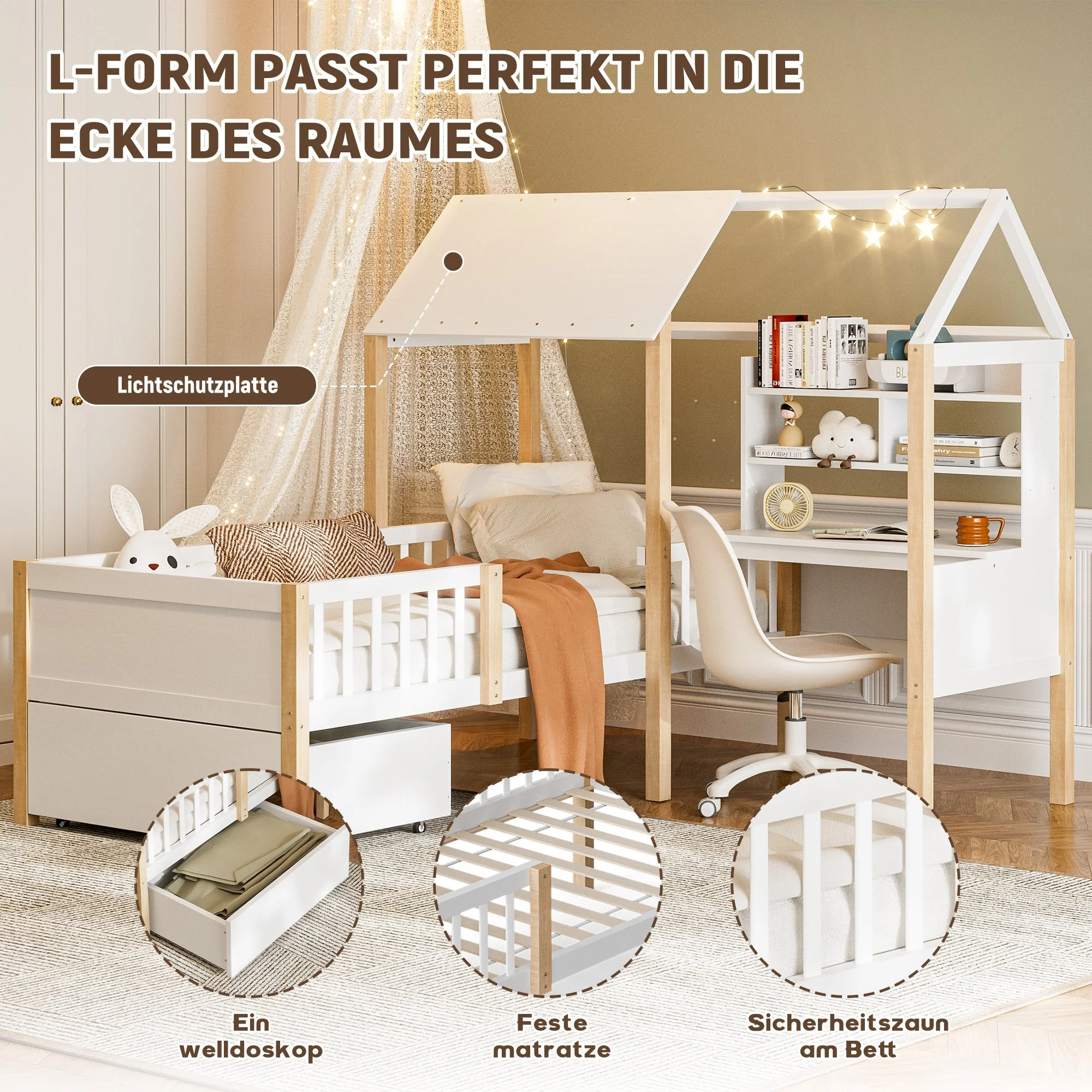 Children's House Bed 90x200cm Multifunctional Desk Bookshelf Drawers Solid Wood White - Image 3