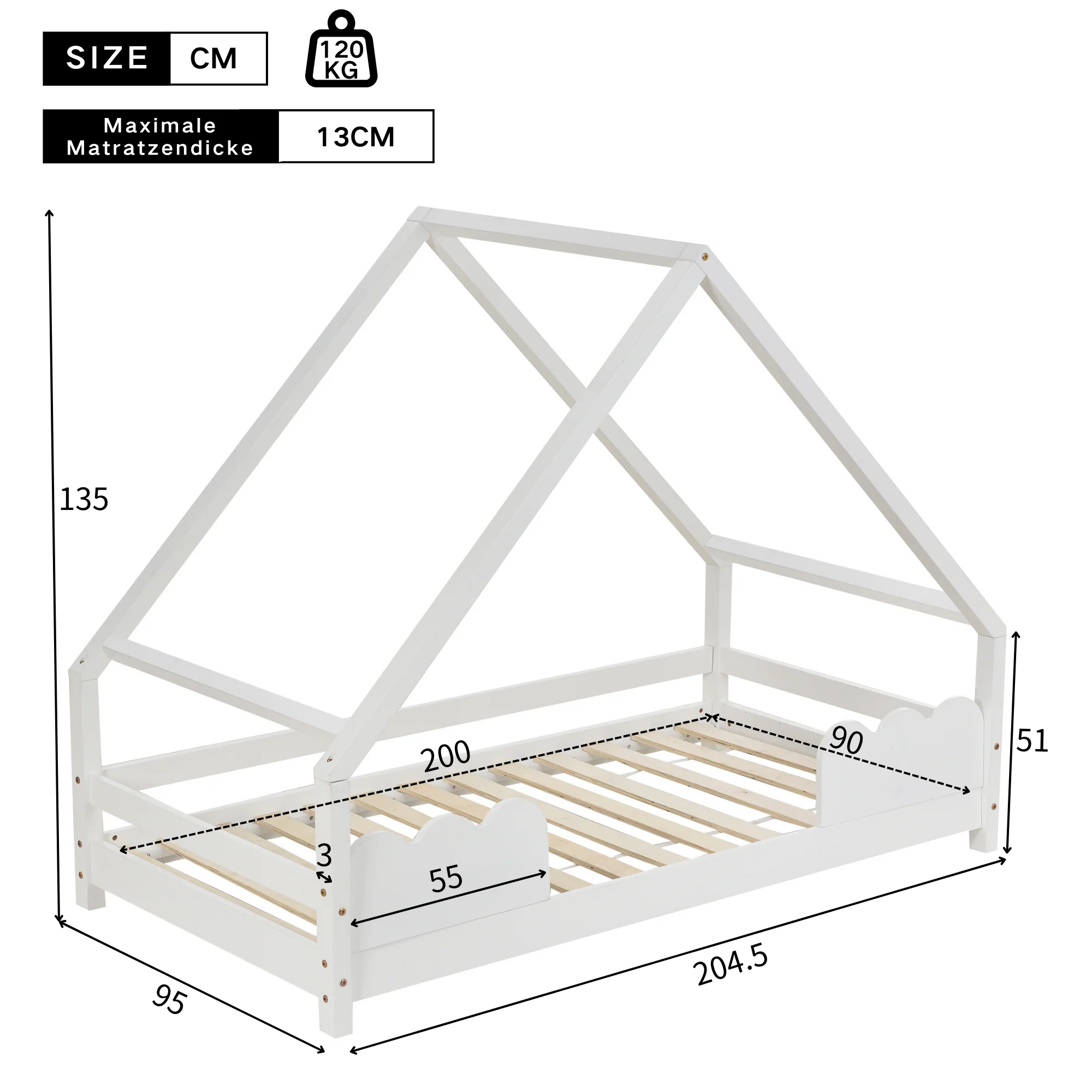 Children's House Bed 90x200cm with Fall Protection, Solid Pine Wood, White - Image 6