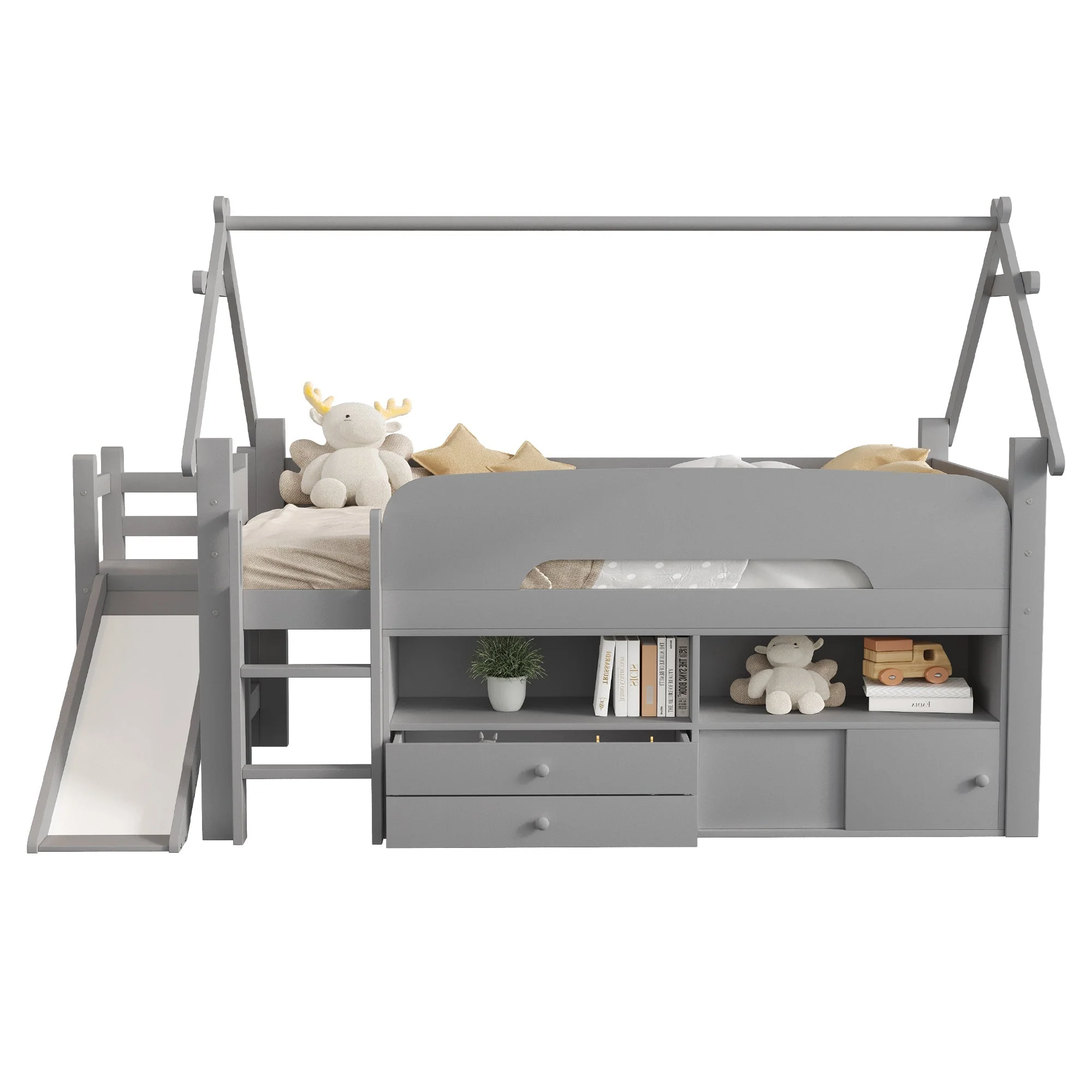Children's House Bed 90x200cm with Slide Drawers Storage Solid Wood Grey - Image 6