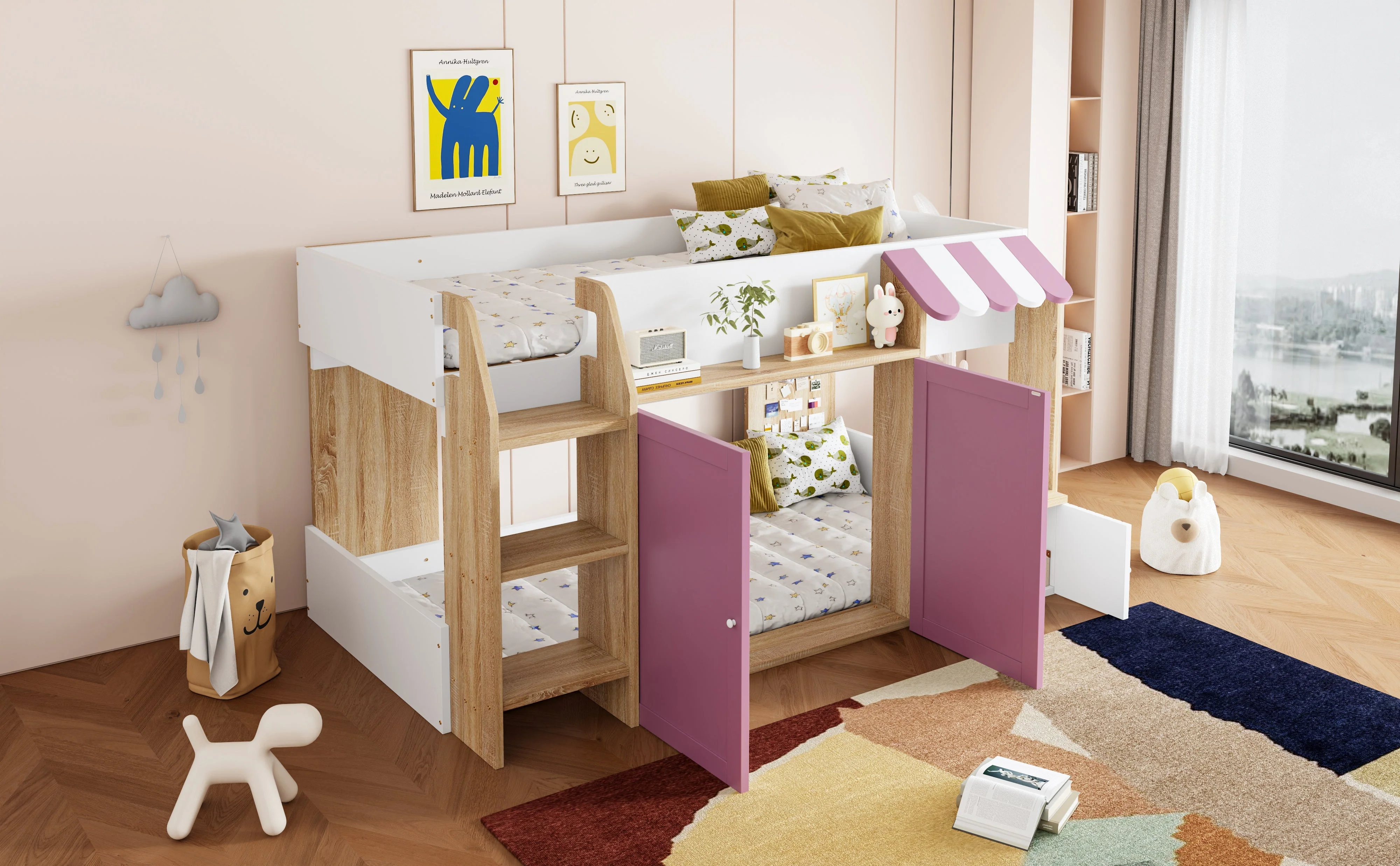 Children's House Bed Mid-Height 90x200 Storage Climbing Ladder - White/Pink Wood - Image 10