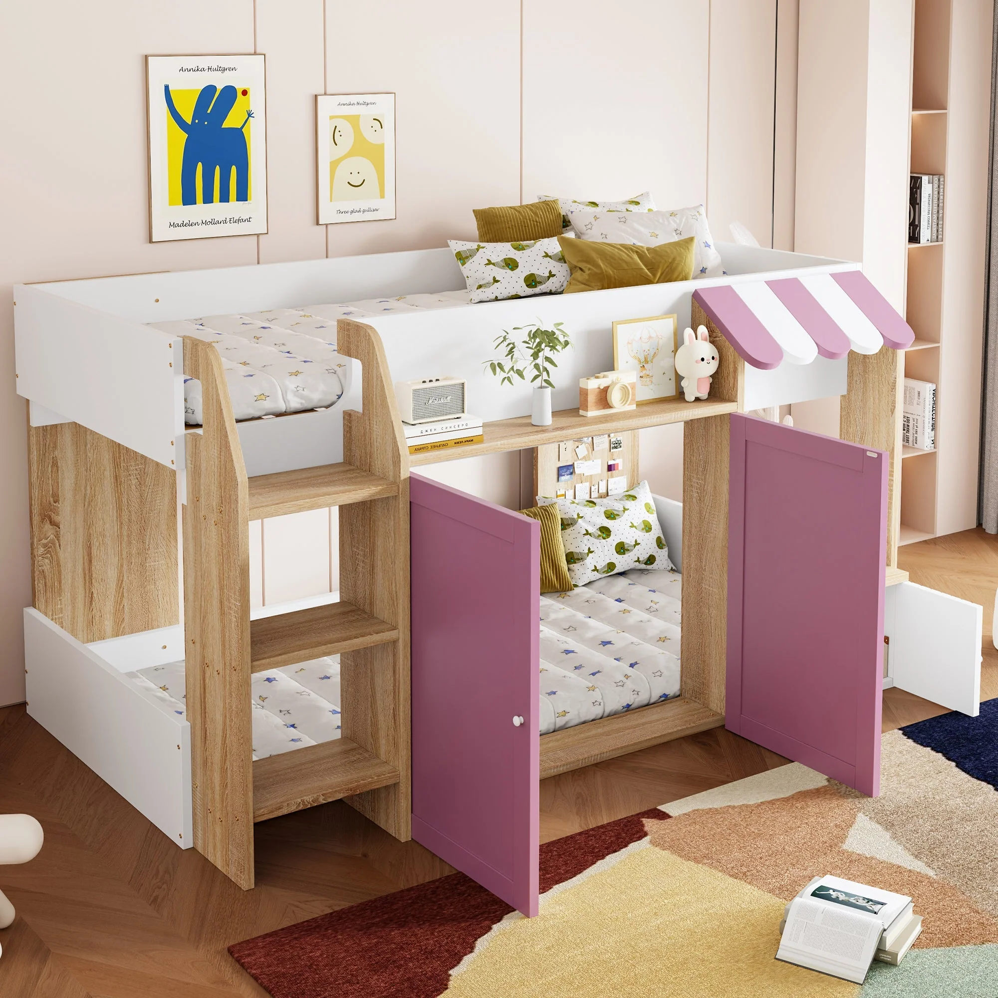 Children's House Bed Mid-Height 90x200 Storage Climbing Ladder - White/Pink Wood - Image 2