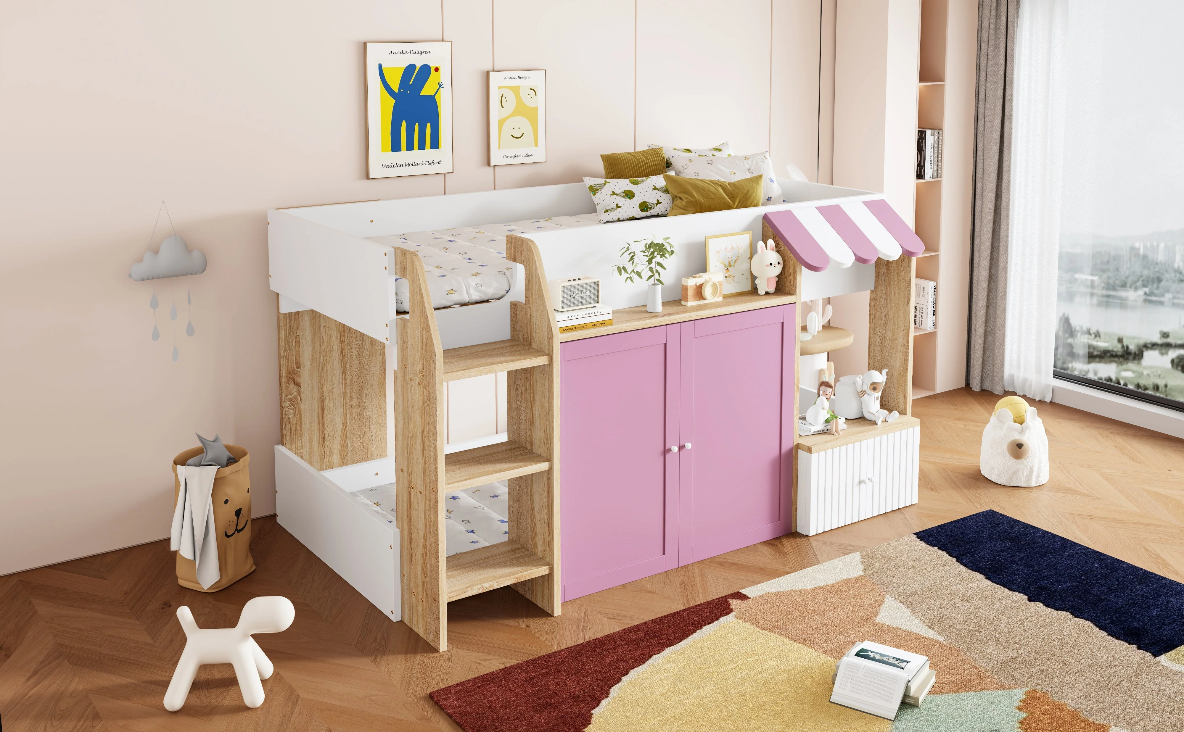 Children's House Bed Mid-Height 90x200 Storage Climbing Ladder - White/Pink Wood - Image 8