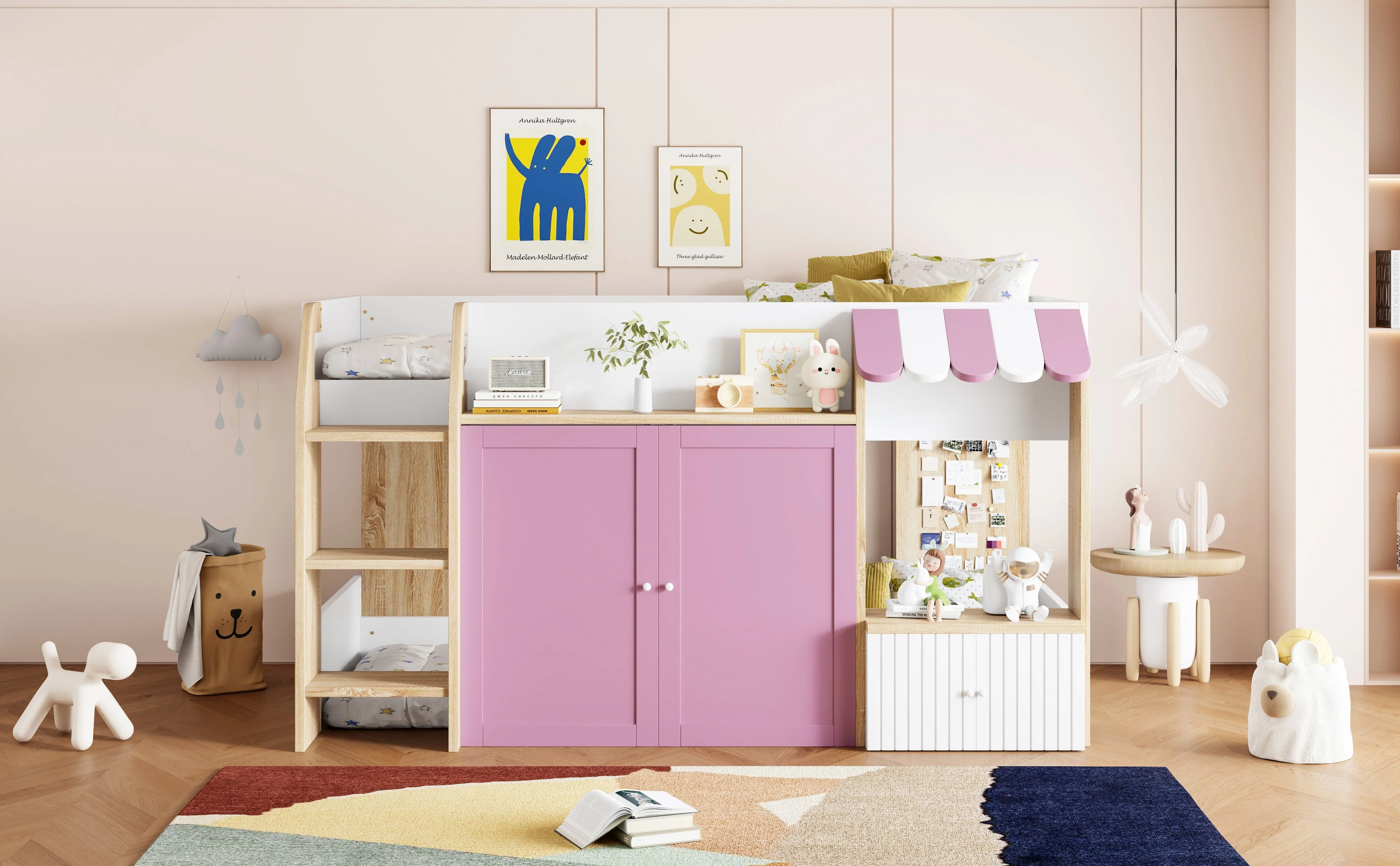 Children's House Bed Mid-Height 90x200 Storage Climbing Ladder - White/Pink Wood - Image 9