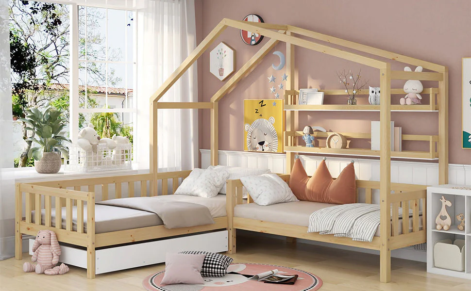 Children's House Bed with Drawers & Shelves, L-Shaped, Solid Wood - Image 4