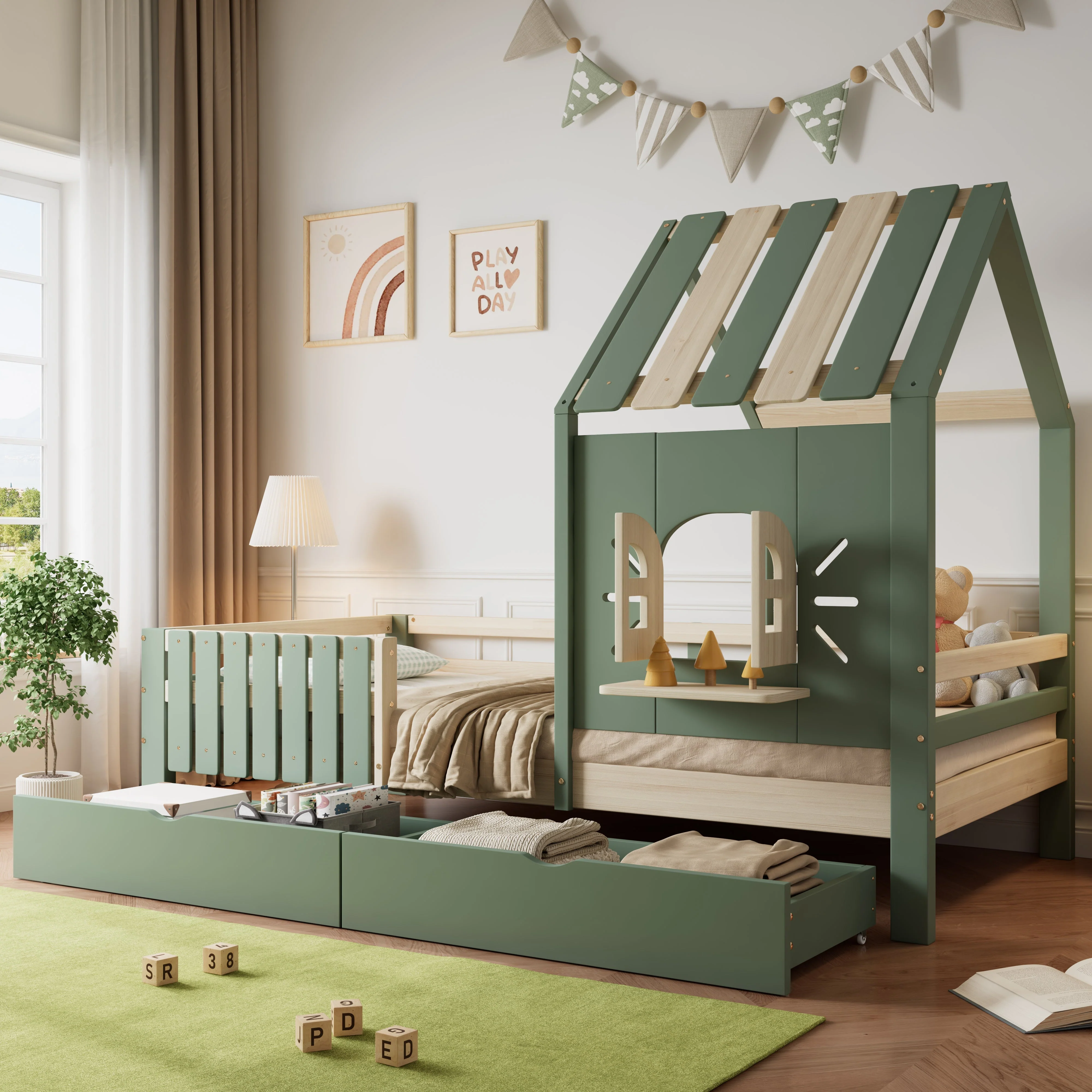 Children's House Bed with Roof, Window, Fence, 2 Drawers, 90x200cm - Pine/MDF Green/Natural - Image 2