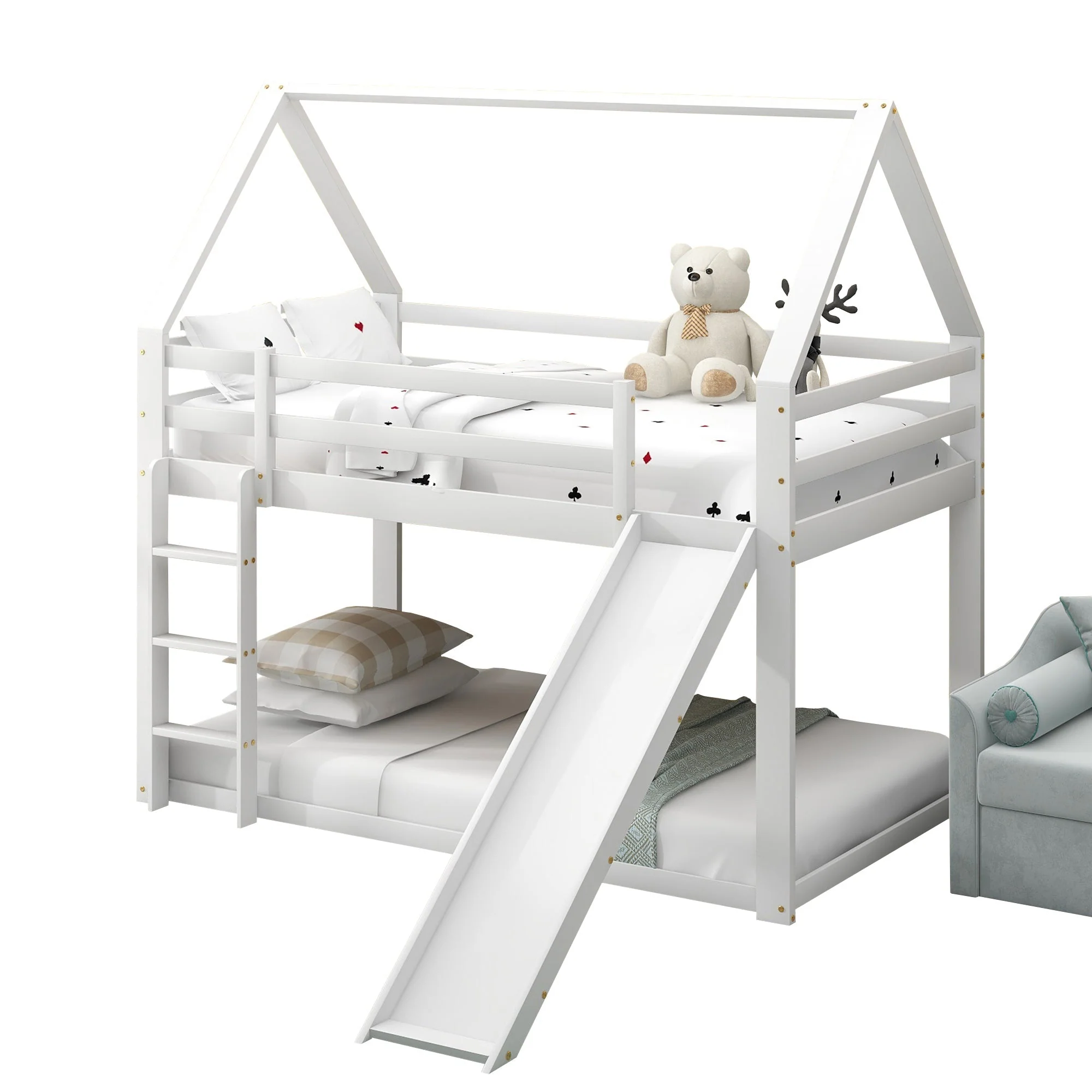 Children's House Bunk Bed 90x200cm with Slide and Ladder - White - Image 6