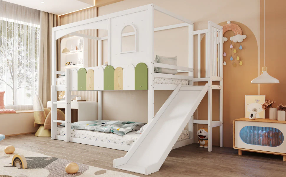 Children's House Loft Bed 90x200cm with Slide Safety Ladder White - Image 4