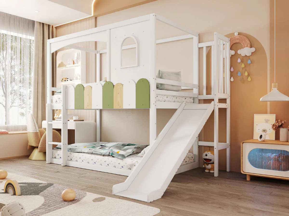 Children's House Loft Bed 90x200cm with Slide Safety Ladder White - Image 5